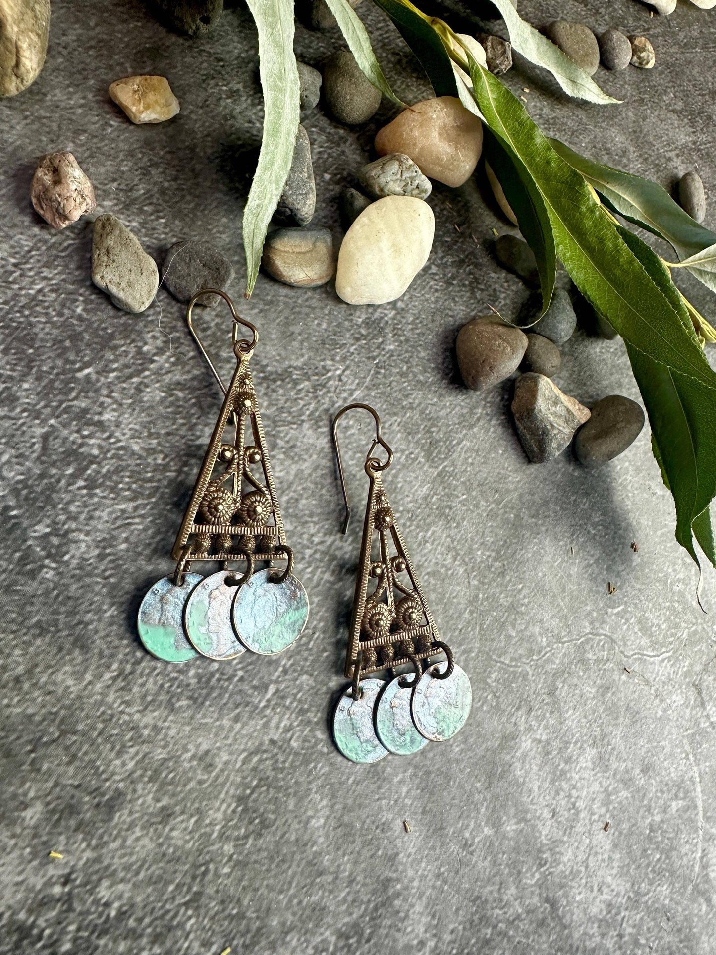 Sacred Triangle Coin Earrings - Patina Brass