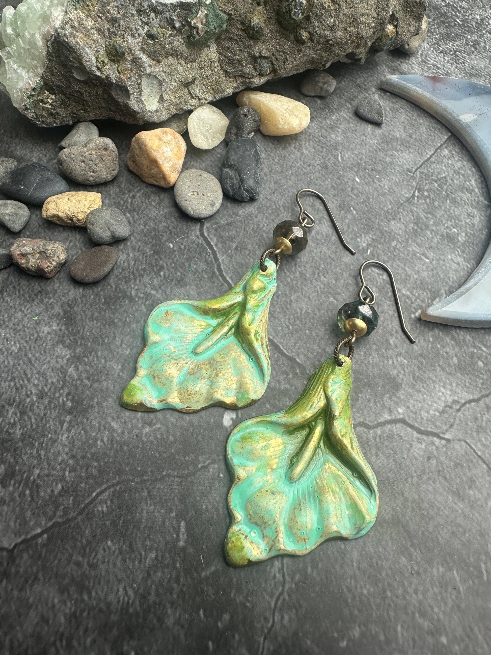 Gilded Lily Earrings- Handmade Solid Brass Green Patina