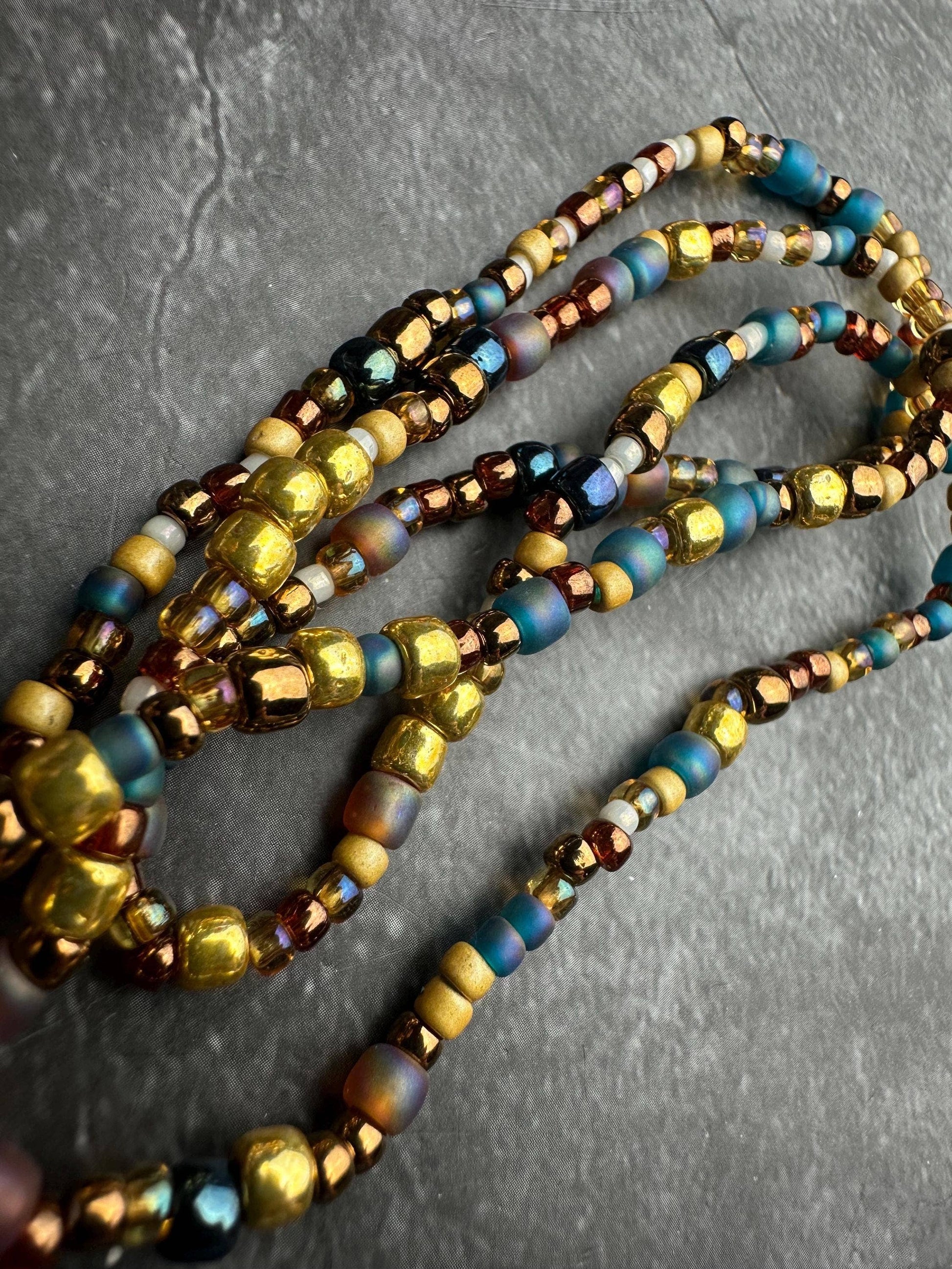 Seed Bead Wrap Bracelet - Blue Gold Layering Bracelet