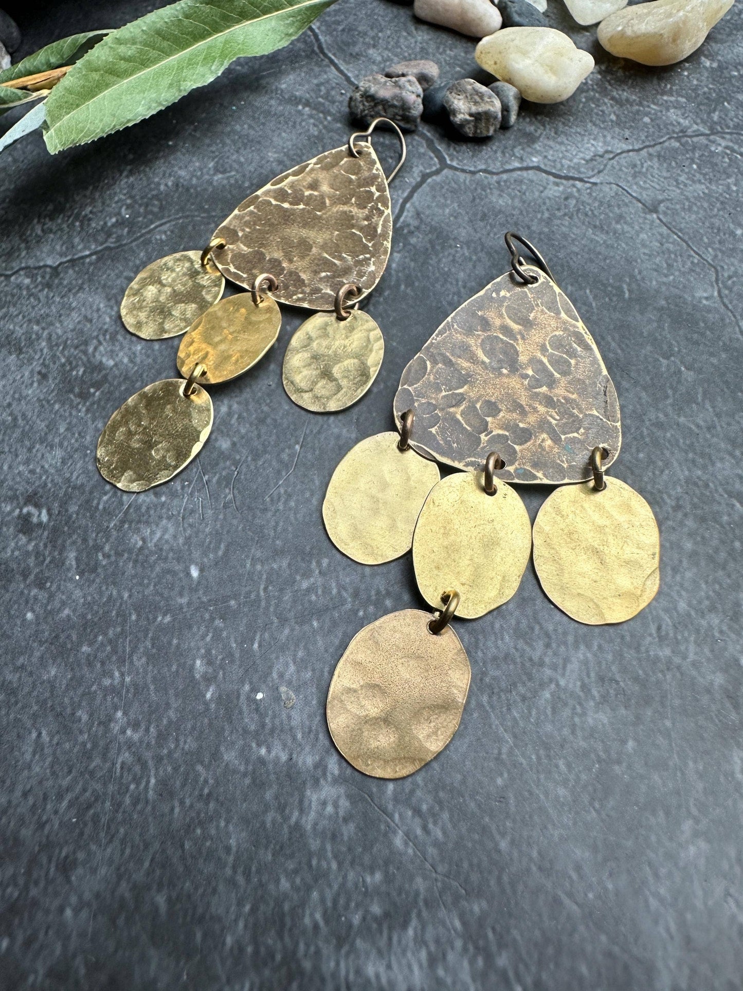 Geometric chandelier - Handmade Solid Beaten Brass Earrings