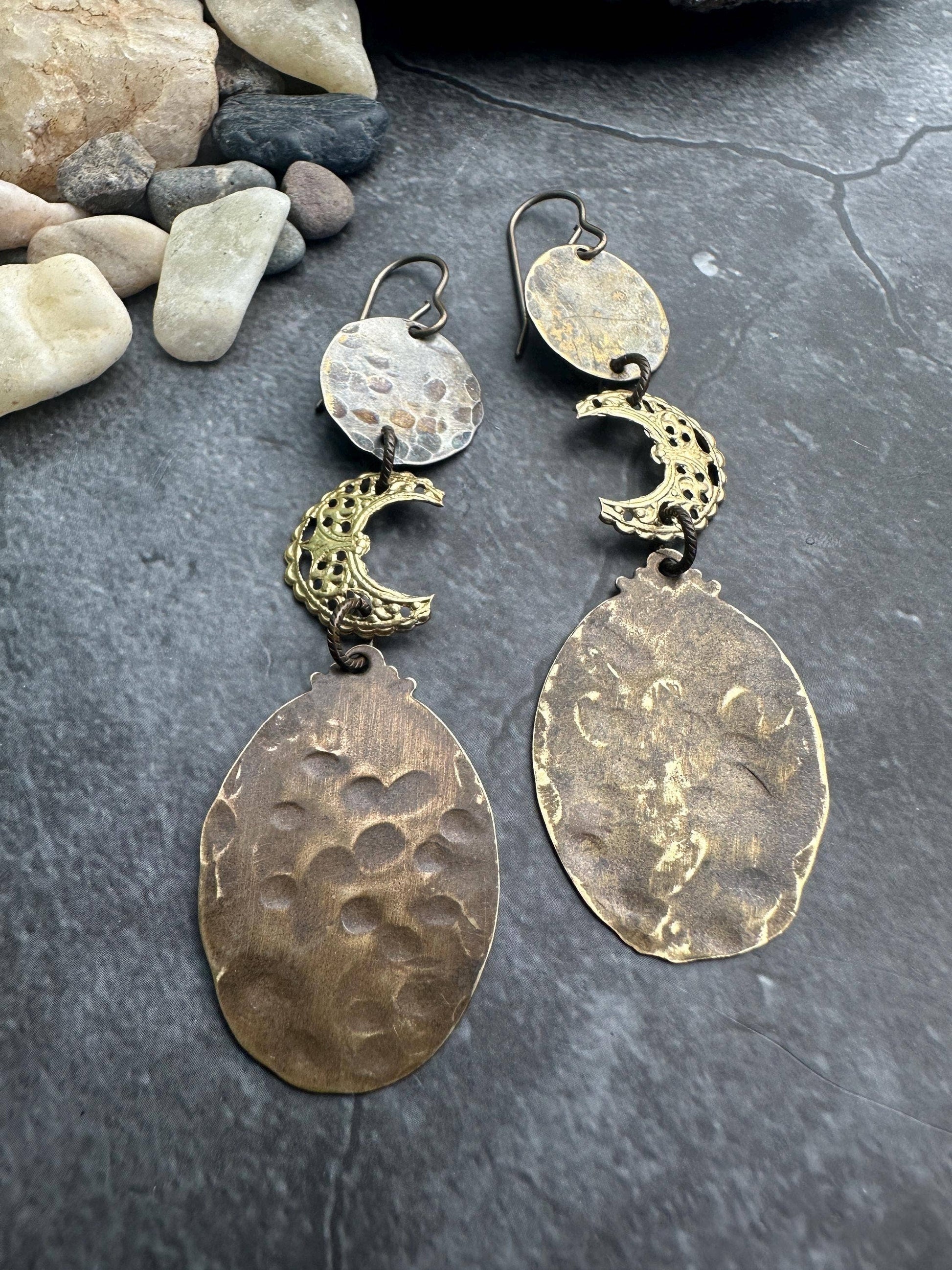 Handcrafted Brass Crescent Moon Drop Filigree Earrings