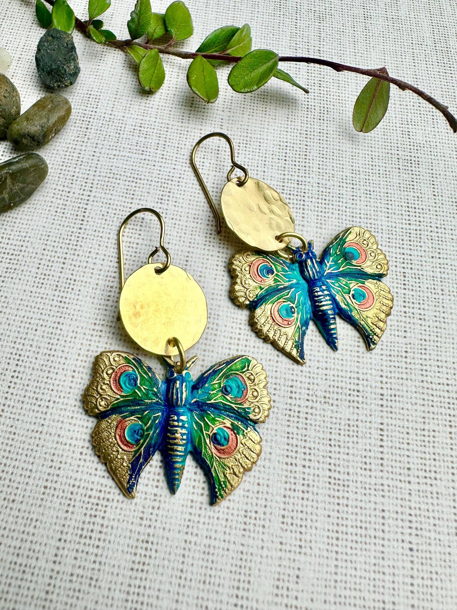 Peacock Butterfly Earrings - Hand Painted Brass Dangles