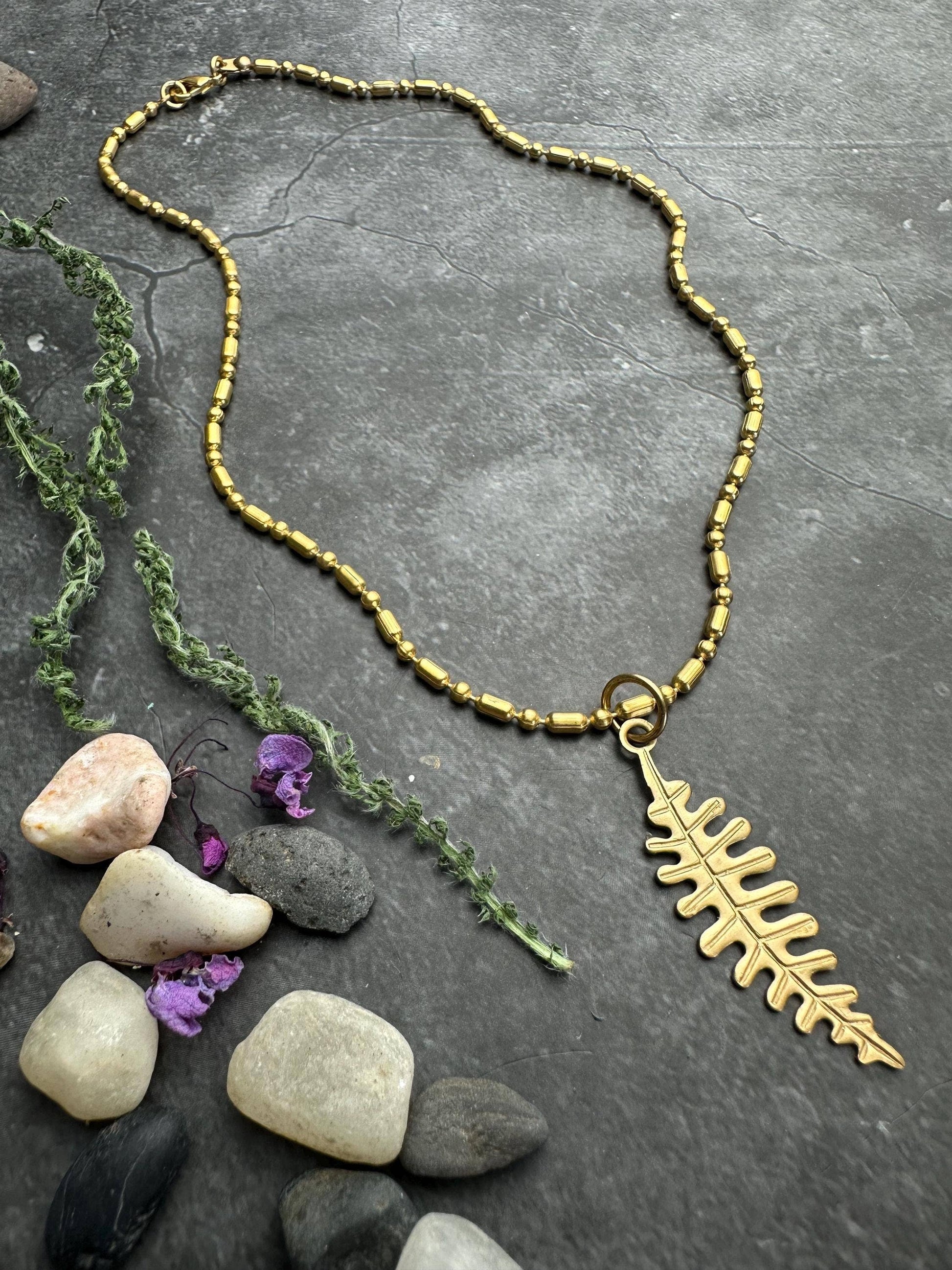 Fern Leaf Necklace Brass Pendant, Botanical , Woodland Style