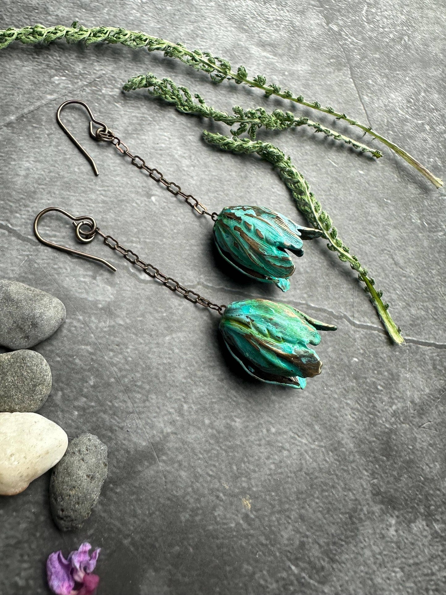 Verdigris Flower Drop Earrings