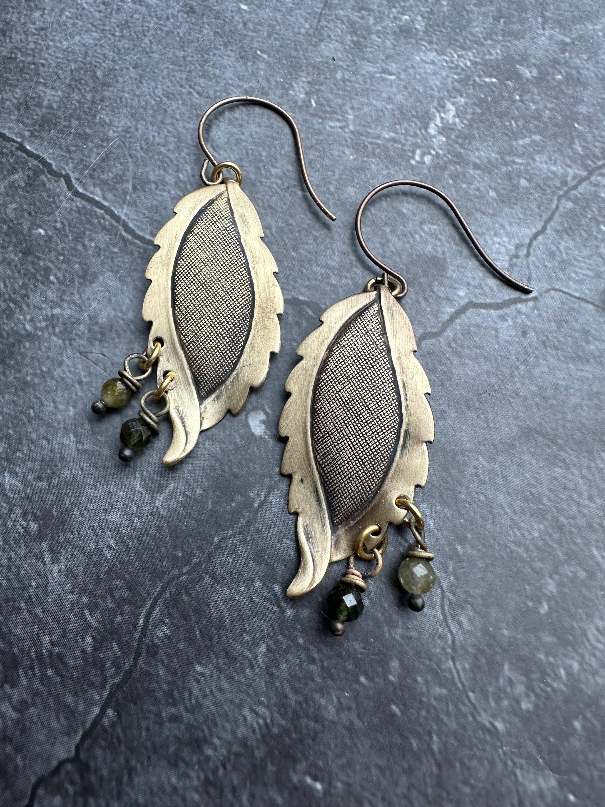 Leafy Green Pebble Earrings - Solid Brass Faceted Tourmaline