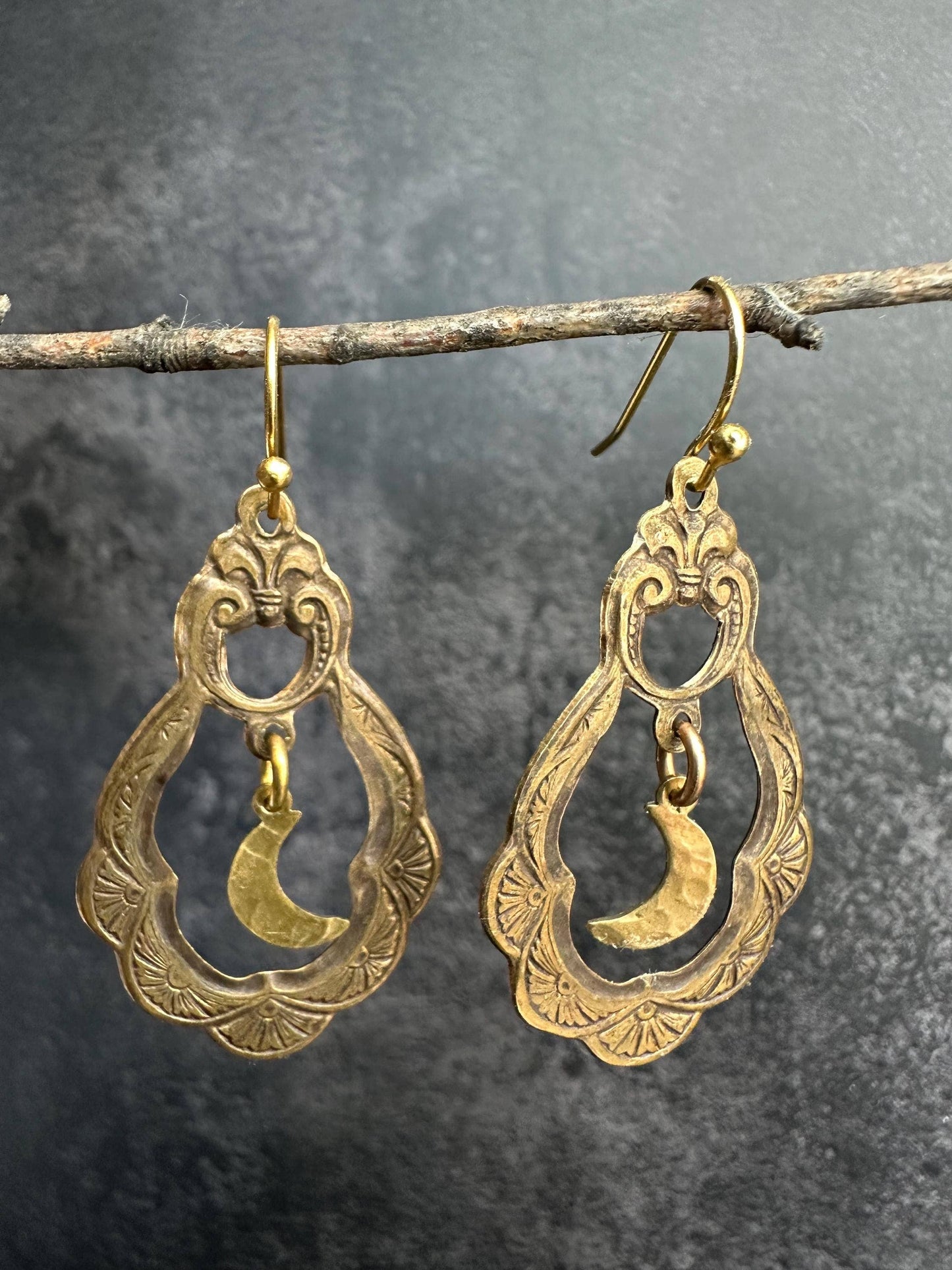 Ornate Brass Crescent Moon Garden Earrings