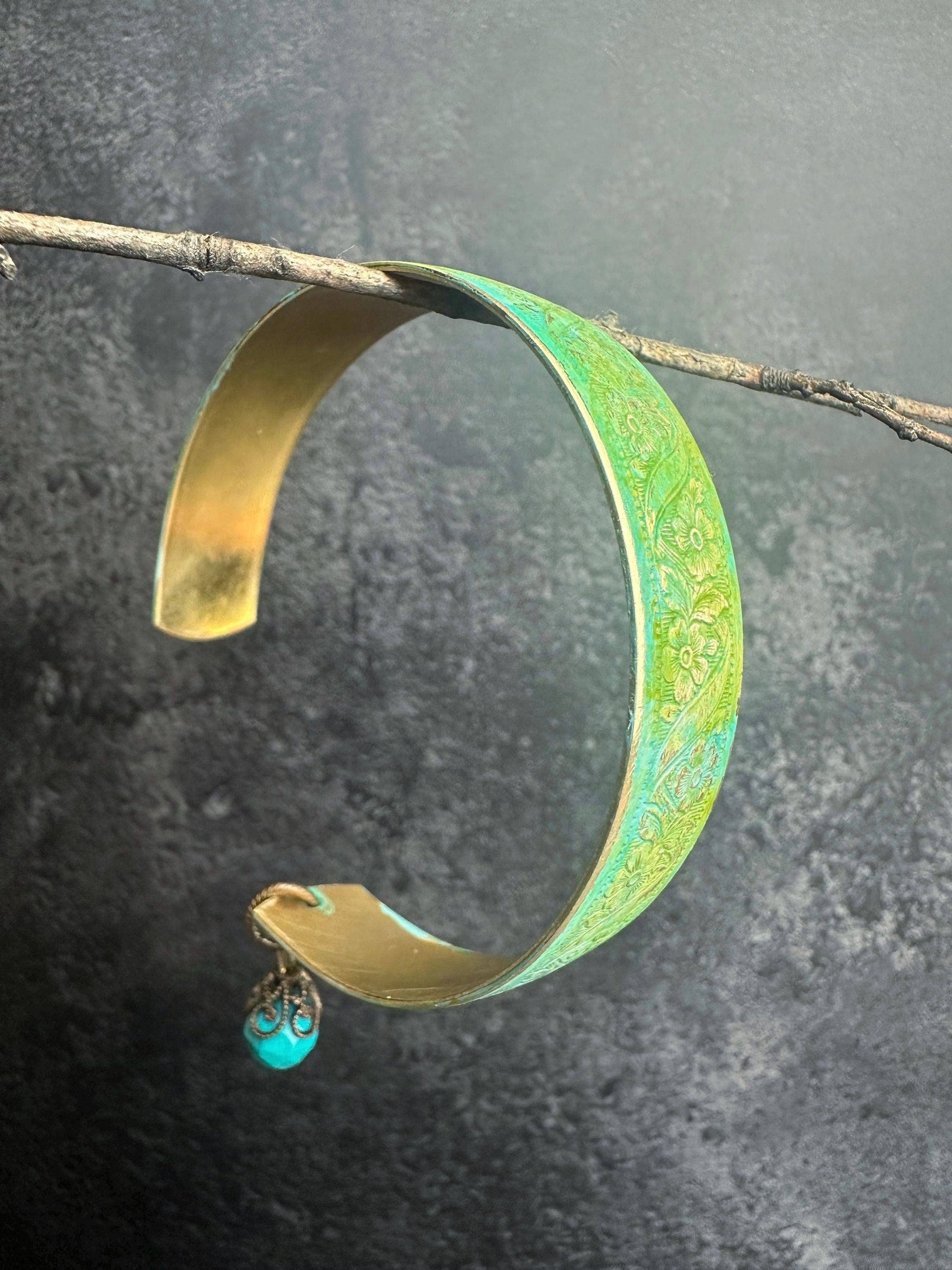 Floral Brass Cuff Bracelet with Blue Green Hand Patina