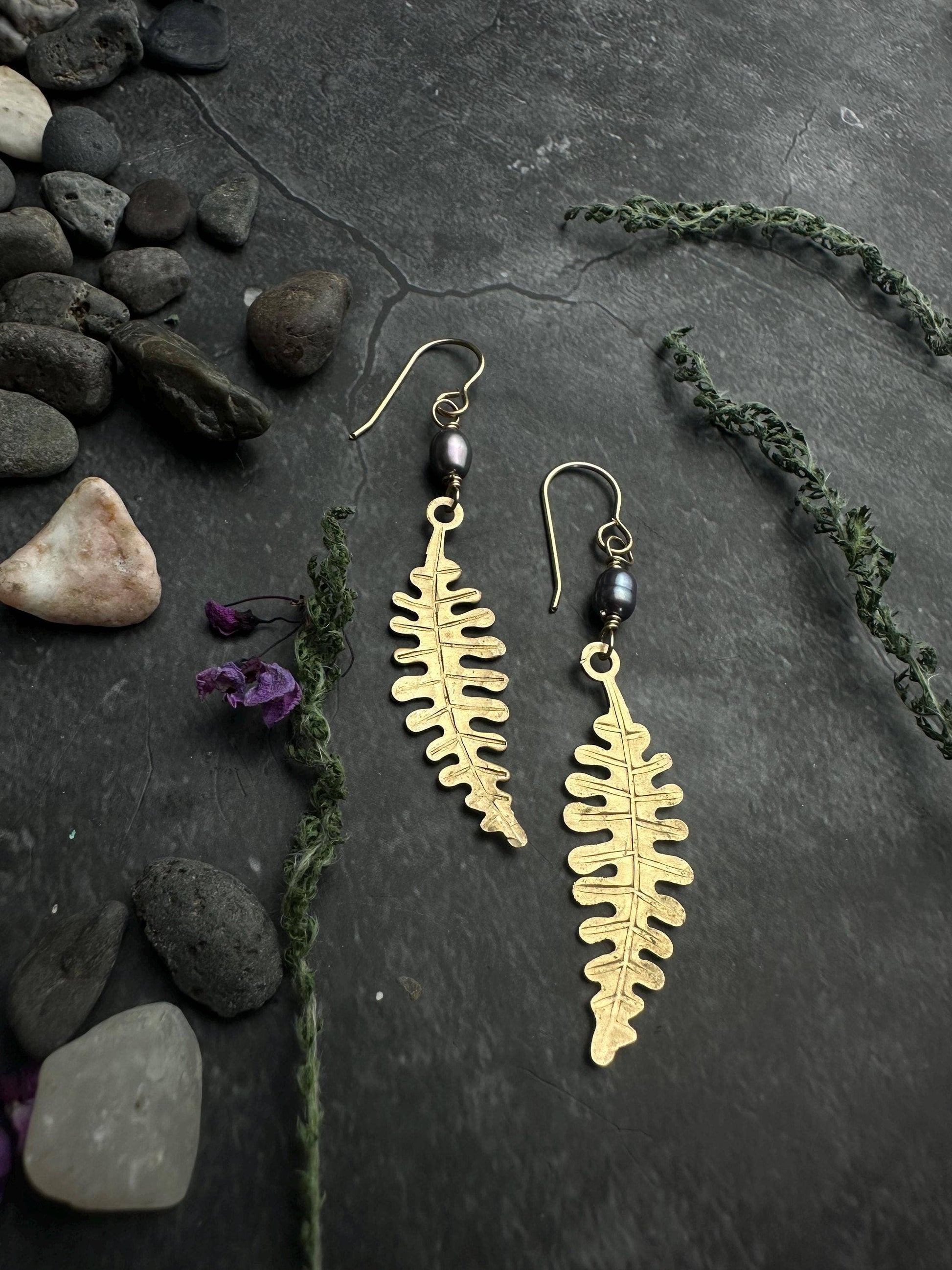 Fern Leaf Dangle Earrings, Hammered Brass, Pearl Botanical