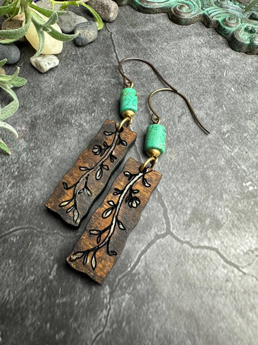 Wood Vine Earrings with Turquoise Beads