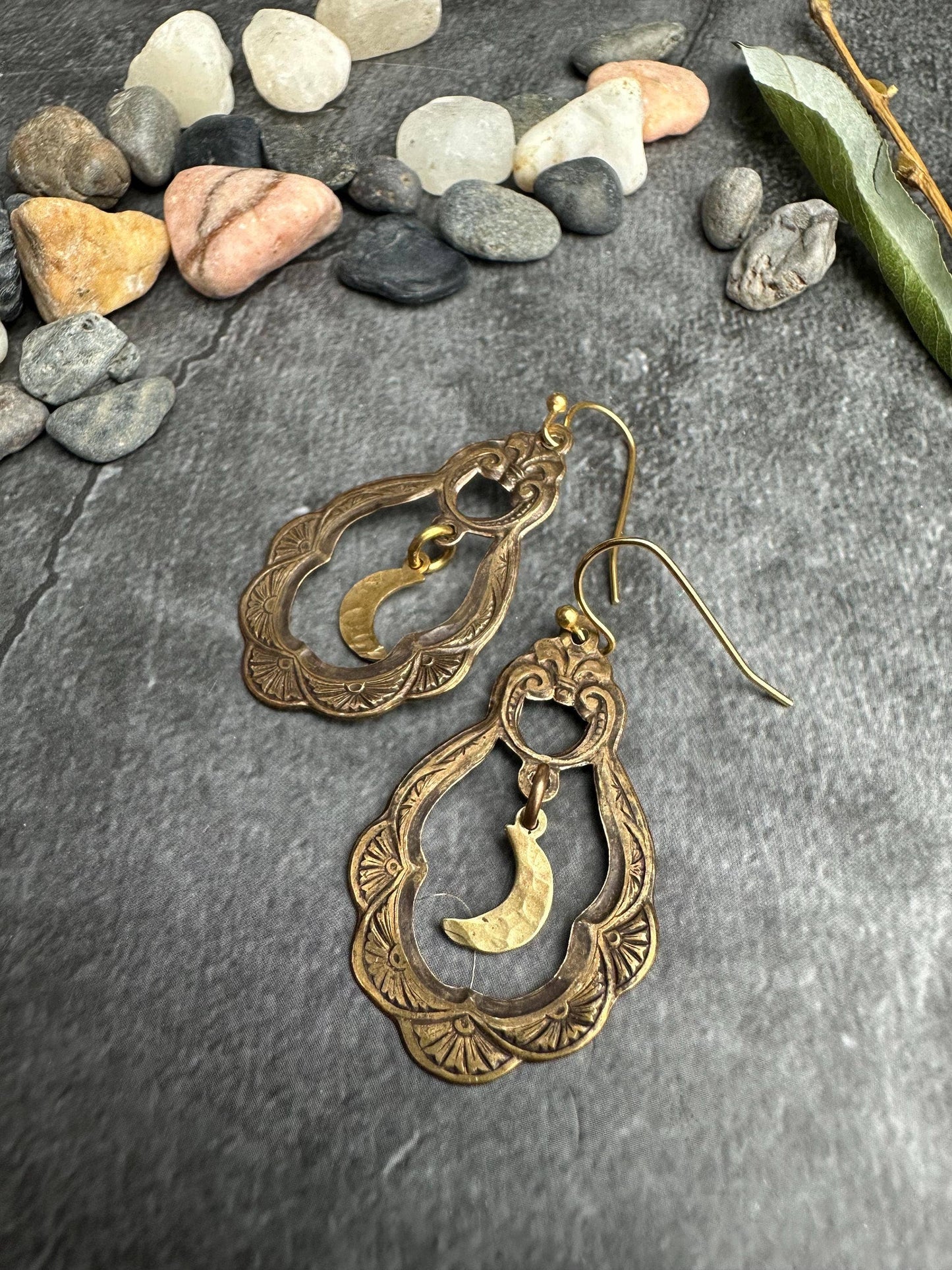 Ornate Brass Crescent Moon Garden Earrings