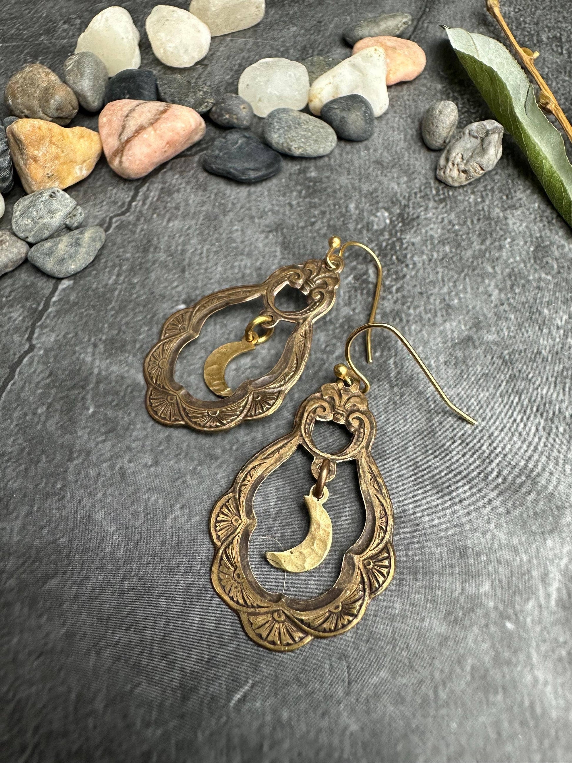 Ornate Brass Crescent Moon Garden Earrings