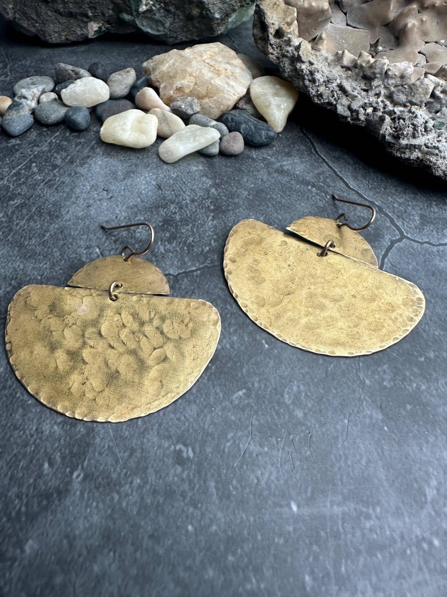 Geometric Half Disc - Handmade Solid Beaten Brass Earrings