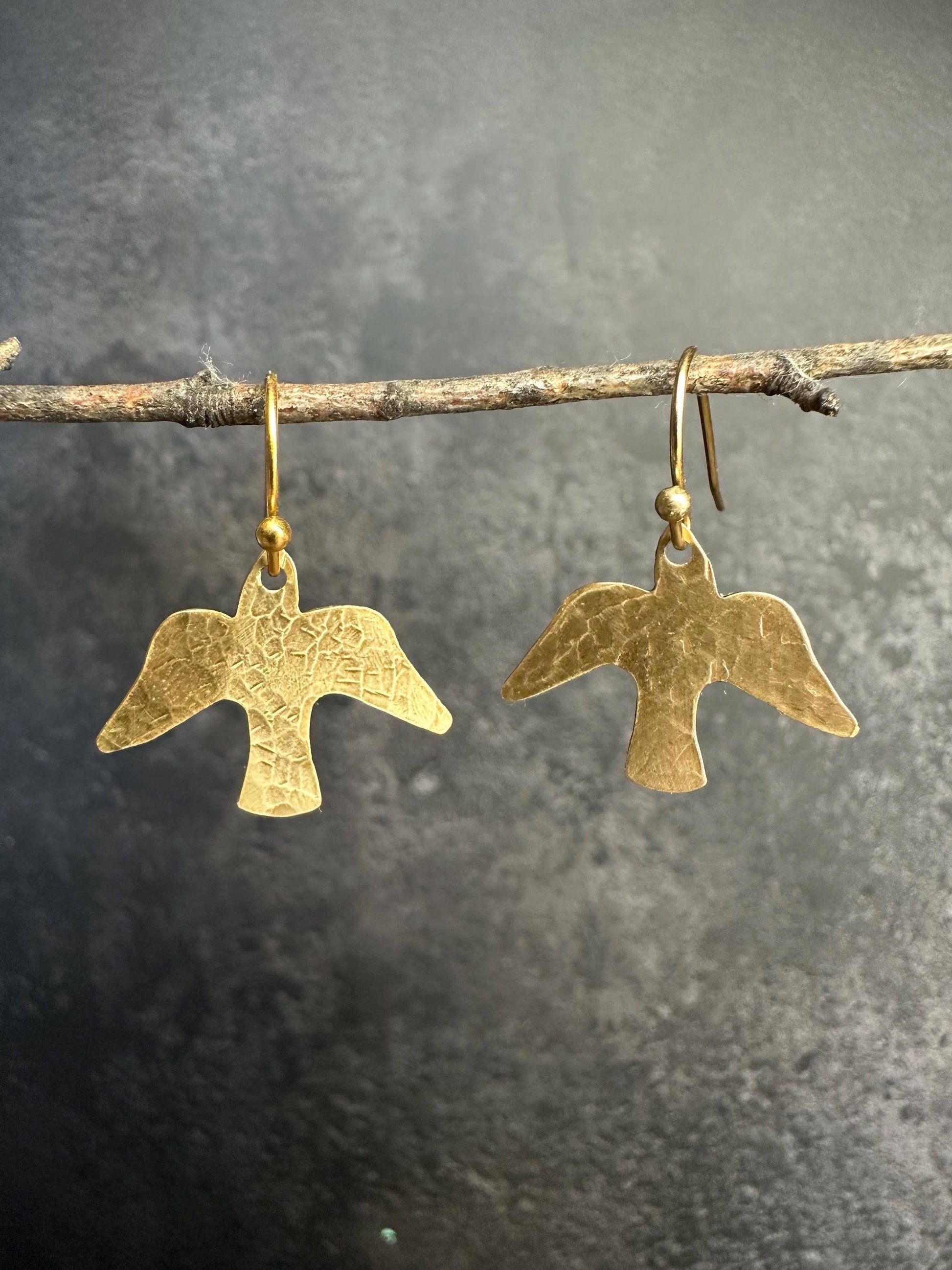 Minimal Bird Earrings - Small Hammered Brass Sparrow Drops