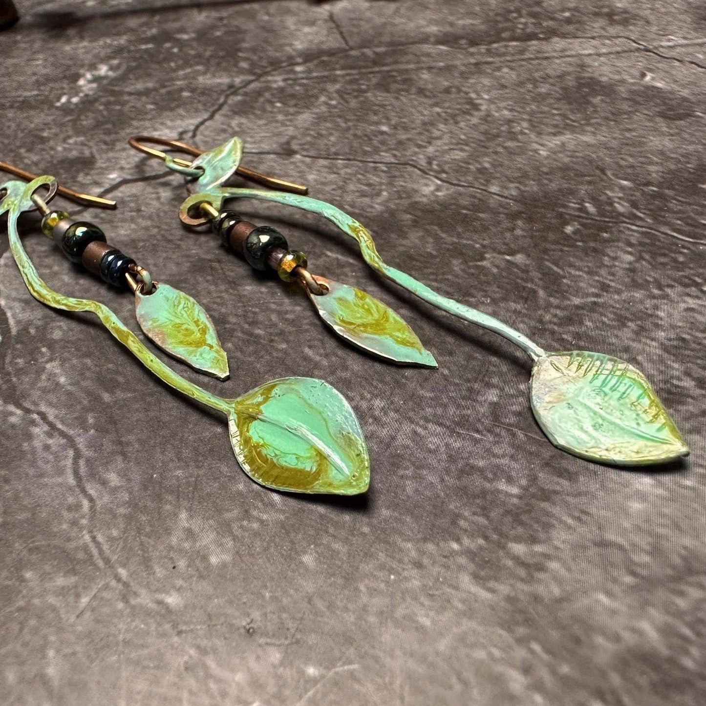 Artisan Vine Beaded Earrings - Handmade Brass Patina