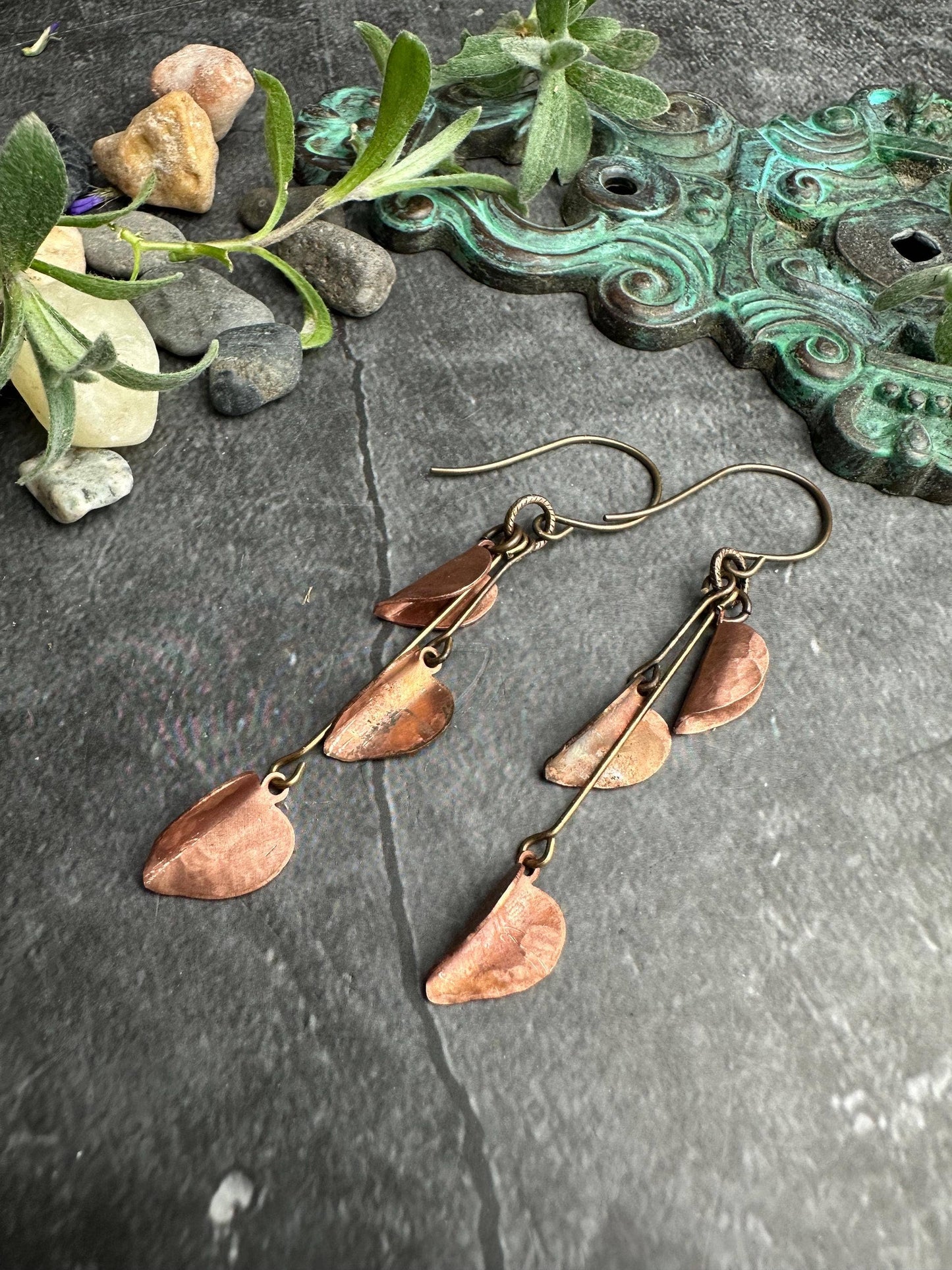 Copper Leaf Cascade Earrings - Rustic Copper Dangles