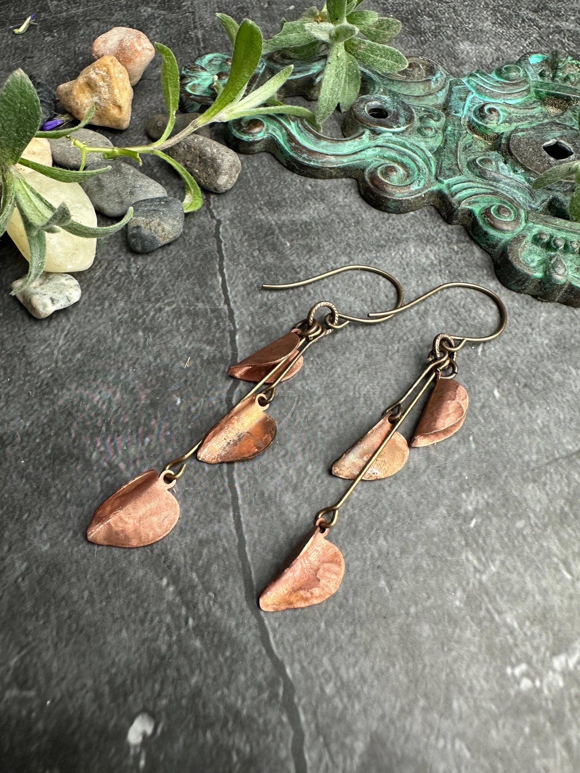 Copper Leaf Cascade Earrings - Rustic Copper Dangles
