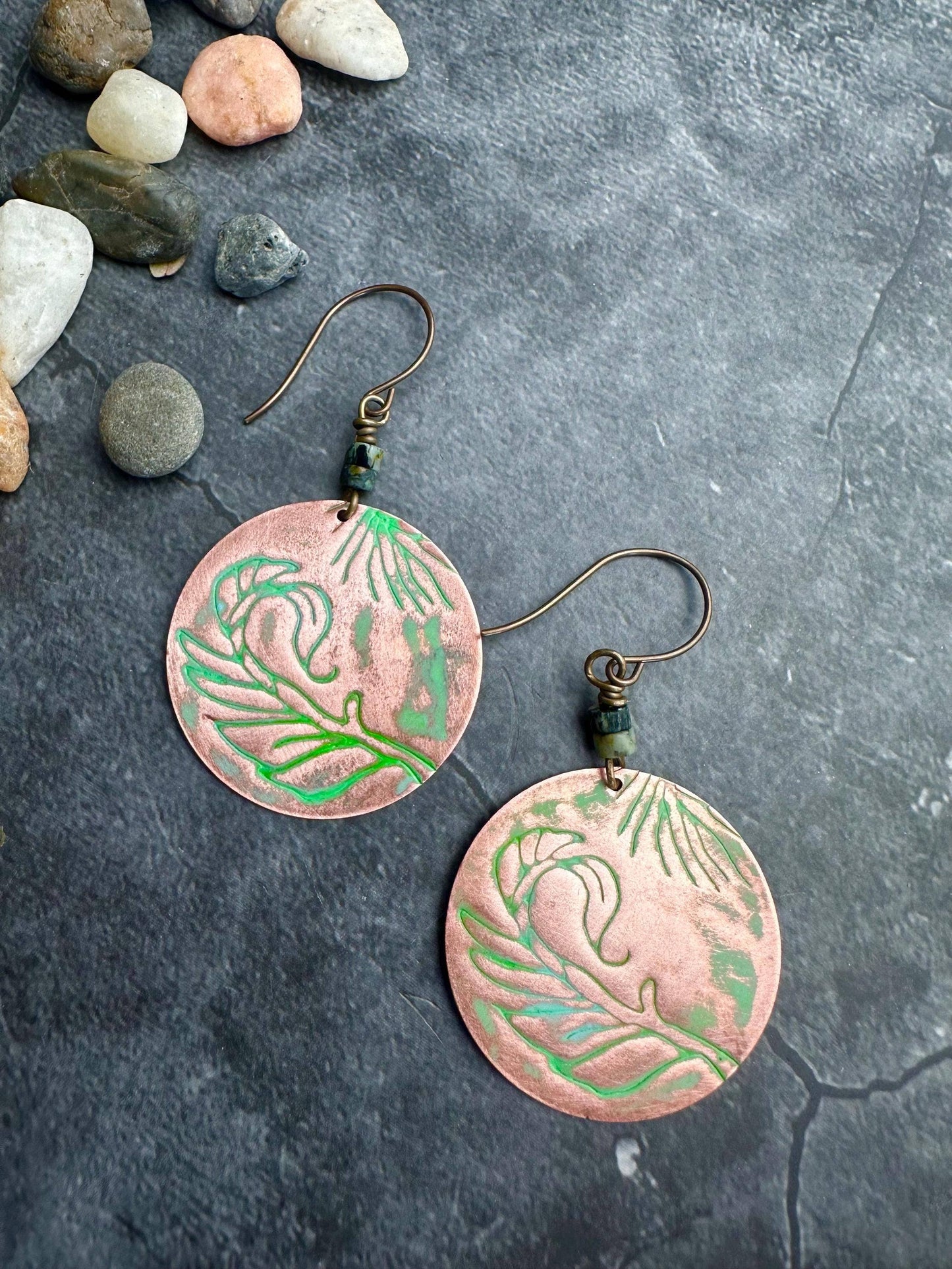Copper Circle Feather Earrings with African Turquoise
