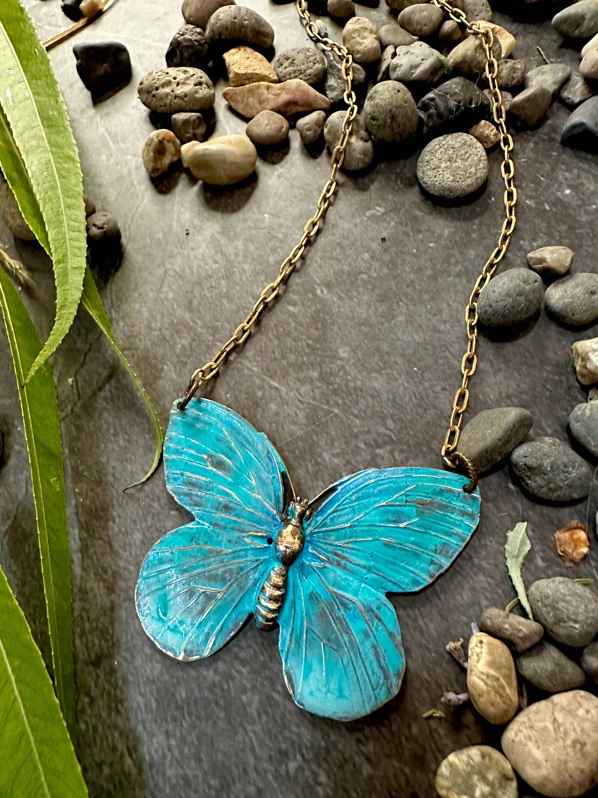 Verdigris Butterfly Necklace- Handmade Patina Solid Brass