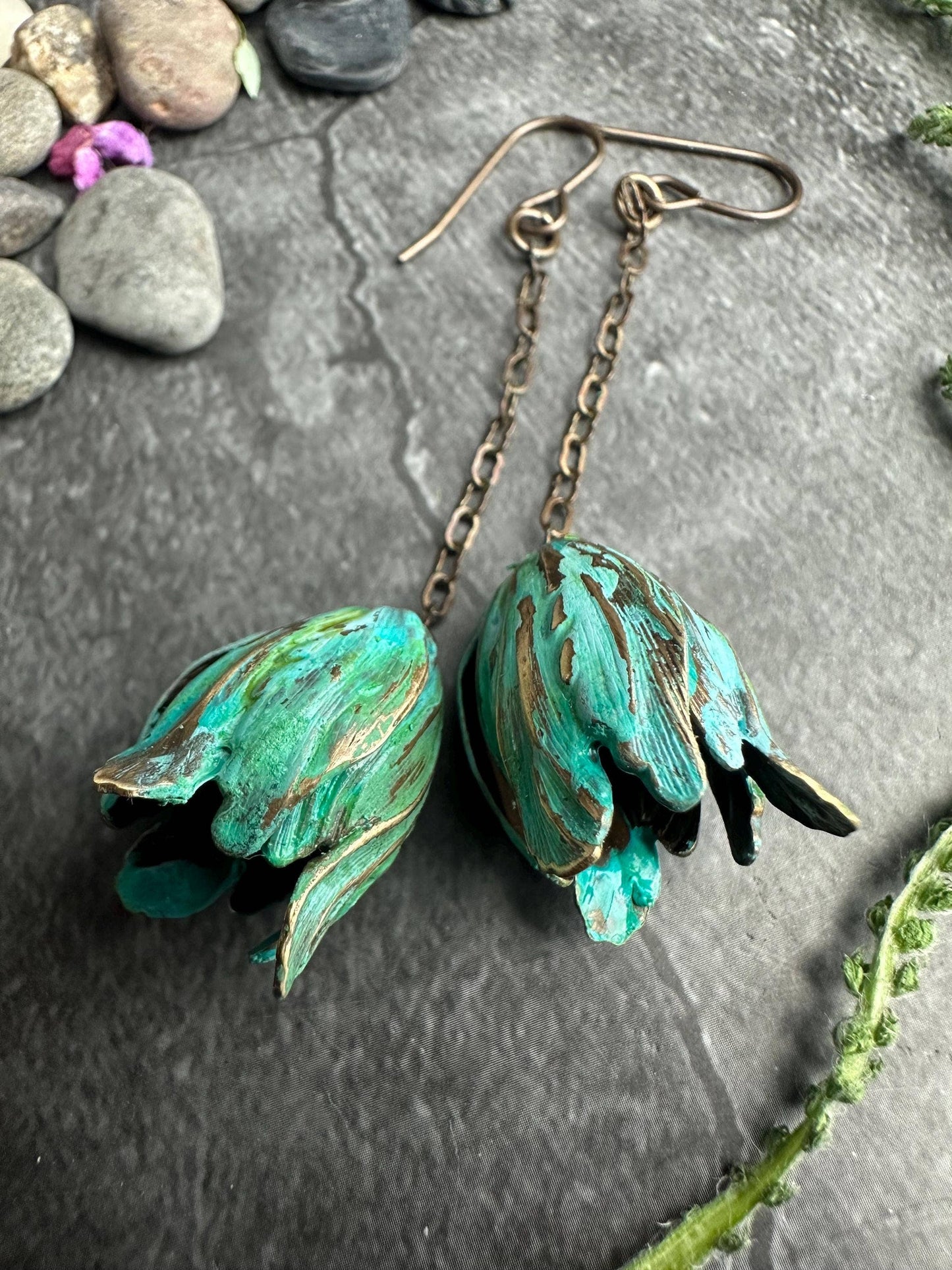 Verdigris Flower Drop Earrings