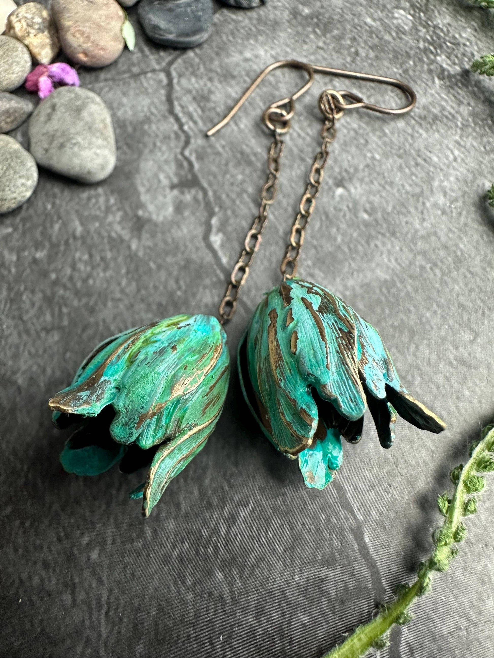 Verdigris Flower Drop Earrings