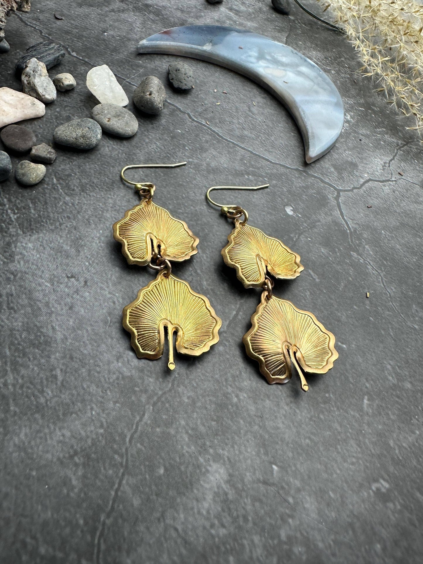 Botanical Leaf Earrings - Vintage Tooled Solid Brass