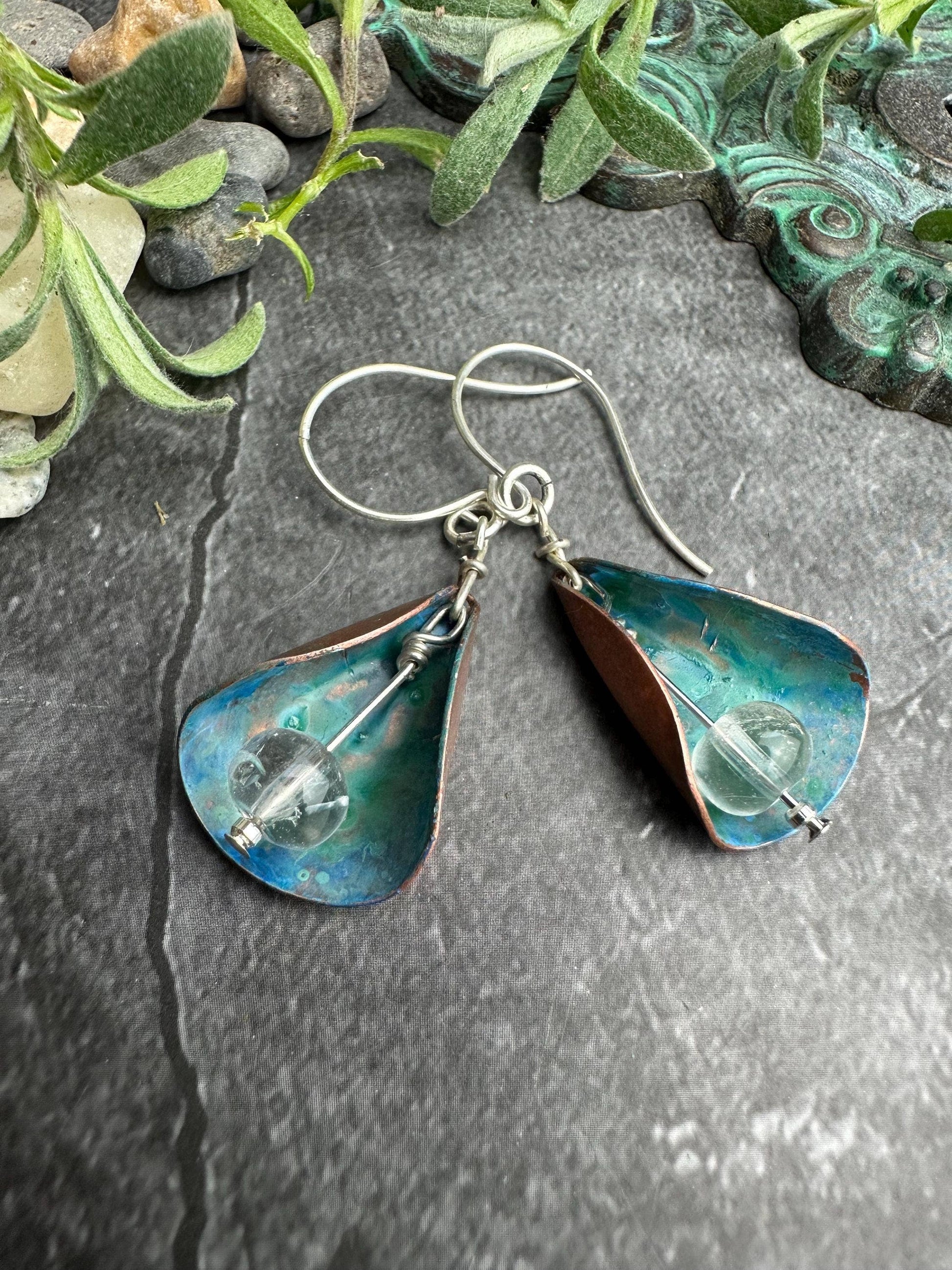 Patina Copper Lily Earrings - Crystal Quartz Bead Dangles