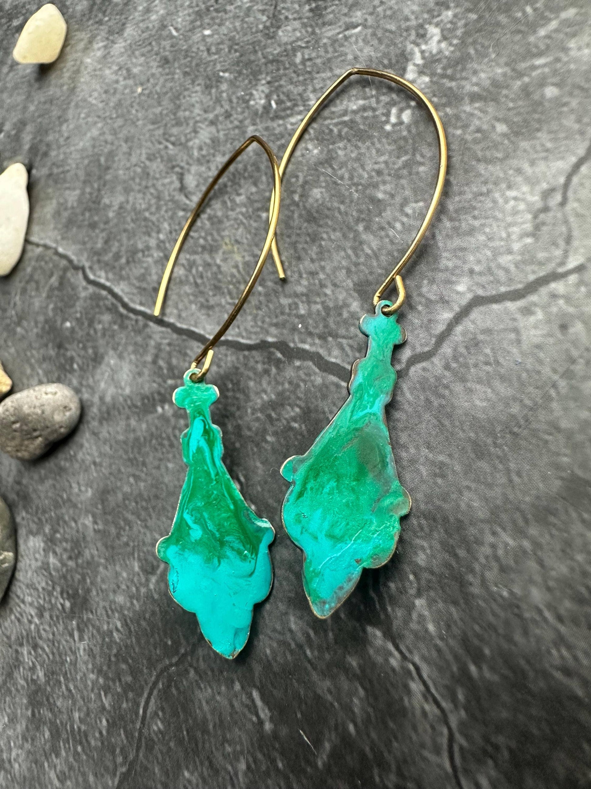 Rustic Silhouette Drop Earrings - Beaten Brass Green Patina