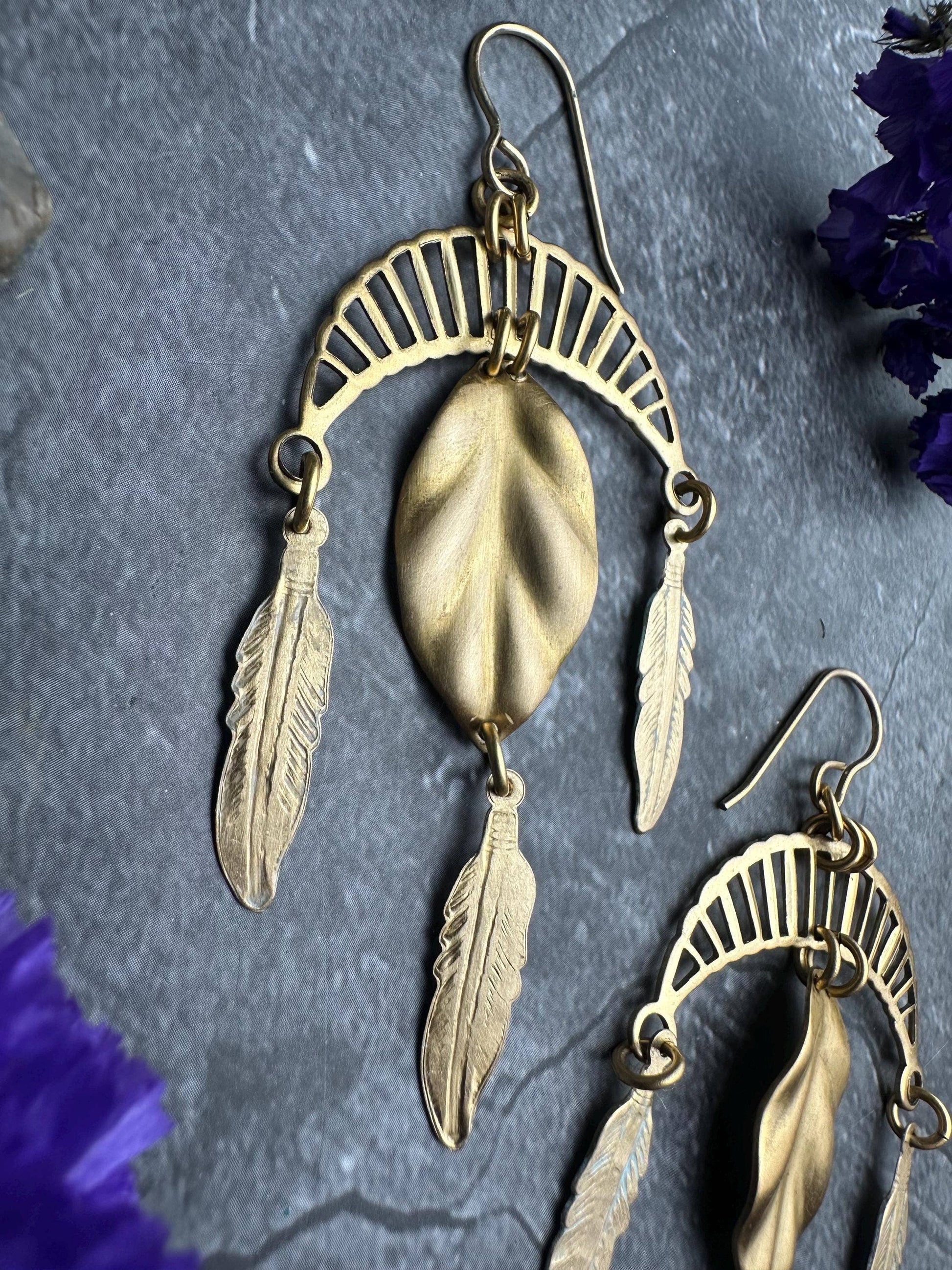 Arching Moon Feather Statement Earrings - Beaten Solid Brass