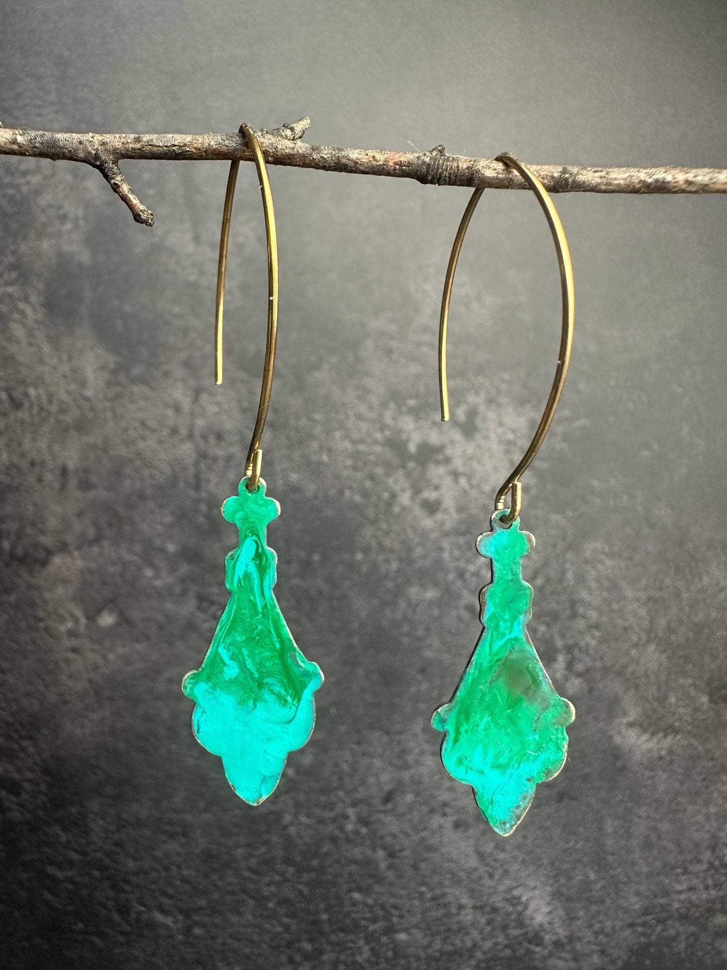 Rustic Silhouette Drop Earrings - Beaten Brass Green Patina