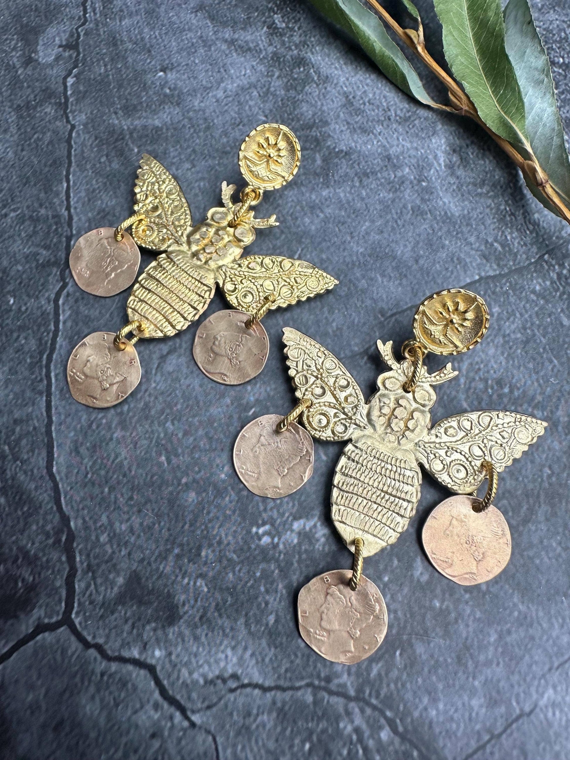 Bee Chandelier Earrings - Minoan Inspired Brass Post Dangle
