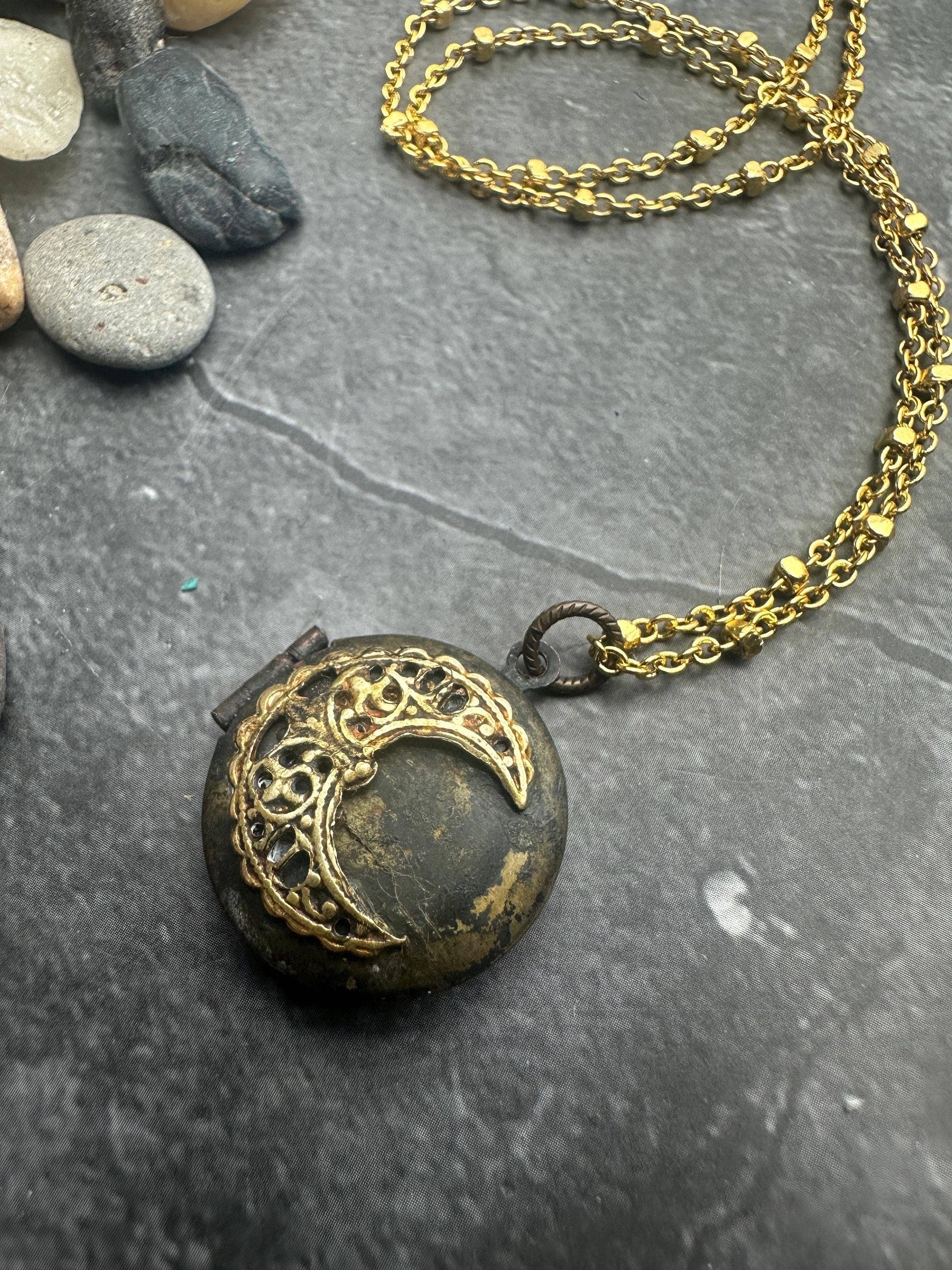 Vintage Brass Crescent Moon Locket Necklace