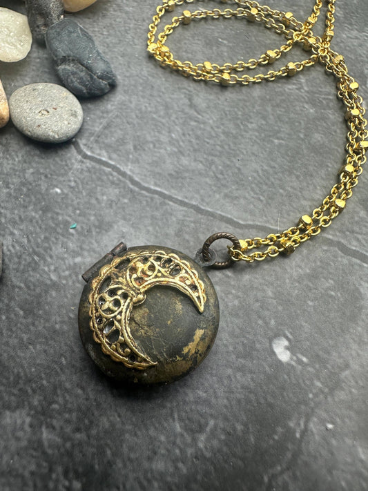 Vintage Brass Crescent Moon Locket Necklace