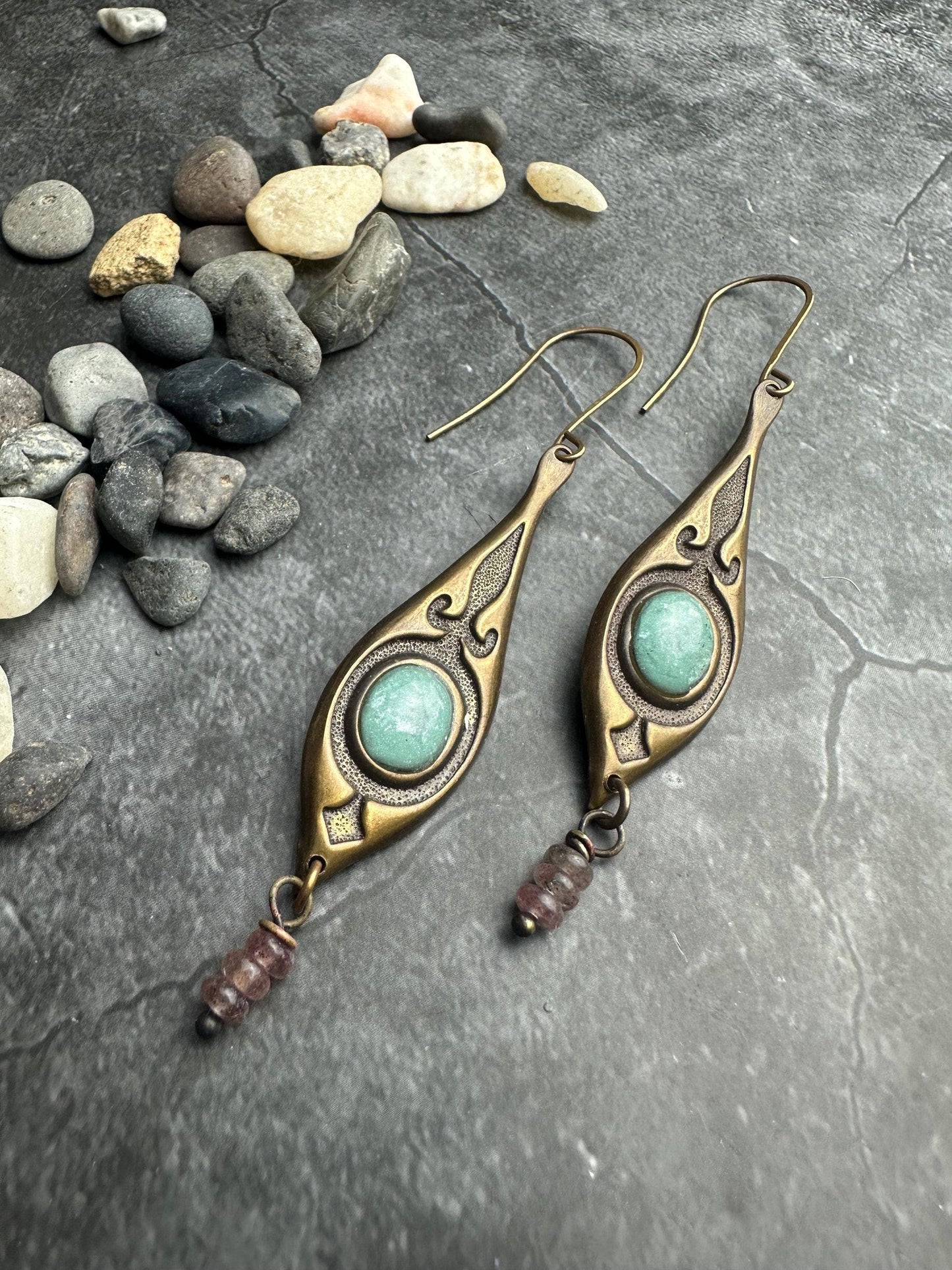 Nomad Queen Earrings - Brass Green Rose Quartz