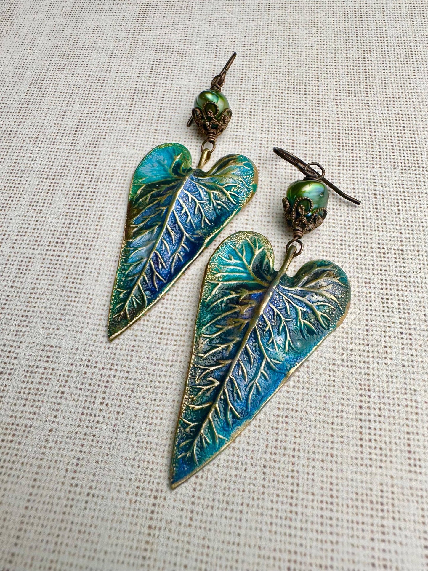 Patina Leaf Earrings with Freshwater Pearl