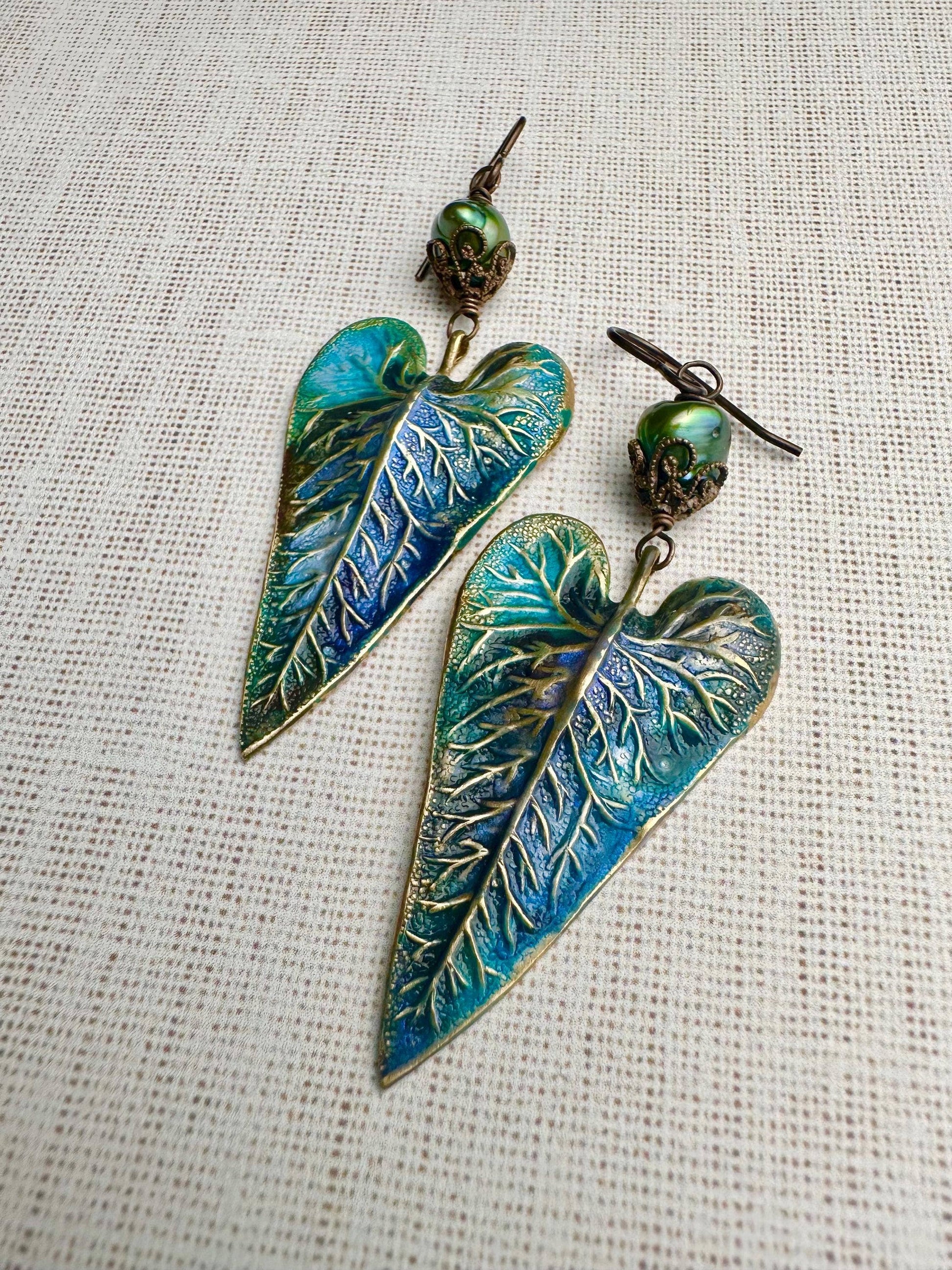 Patina Leaf Earrings with Freshwater Pearl