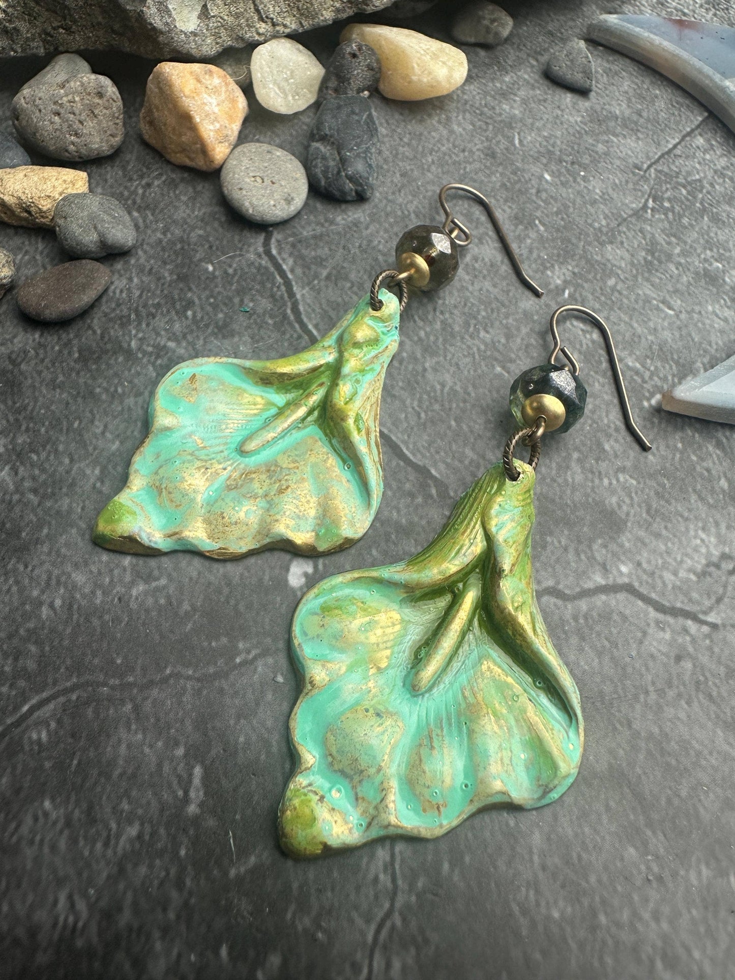 Gilded Lily Earrings- Handmade Solid Brass Green Patina