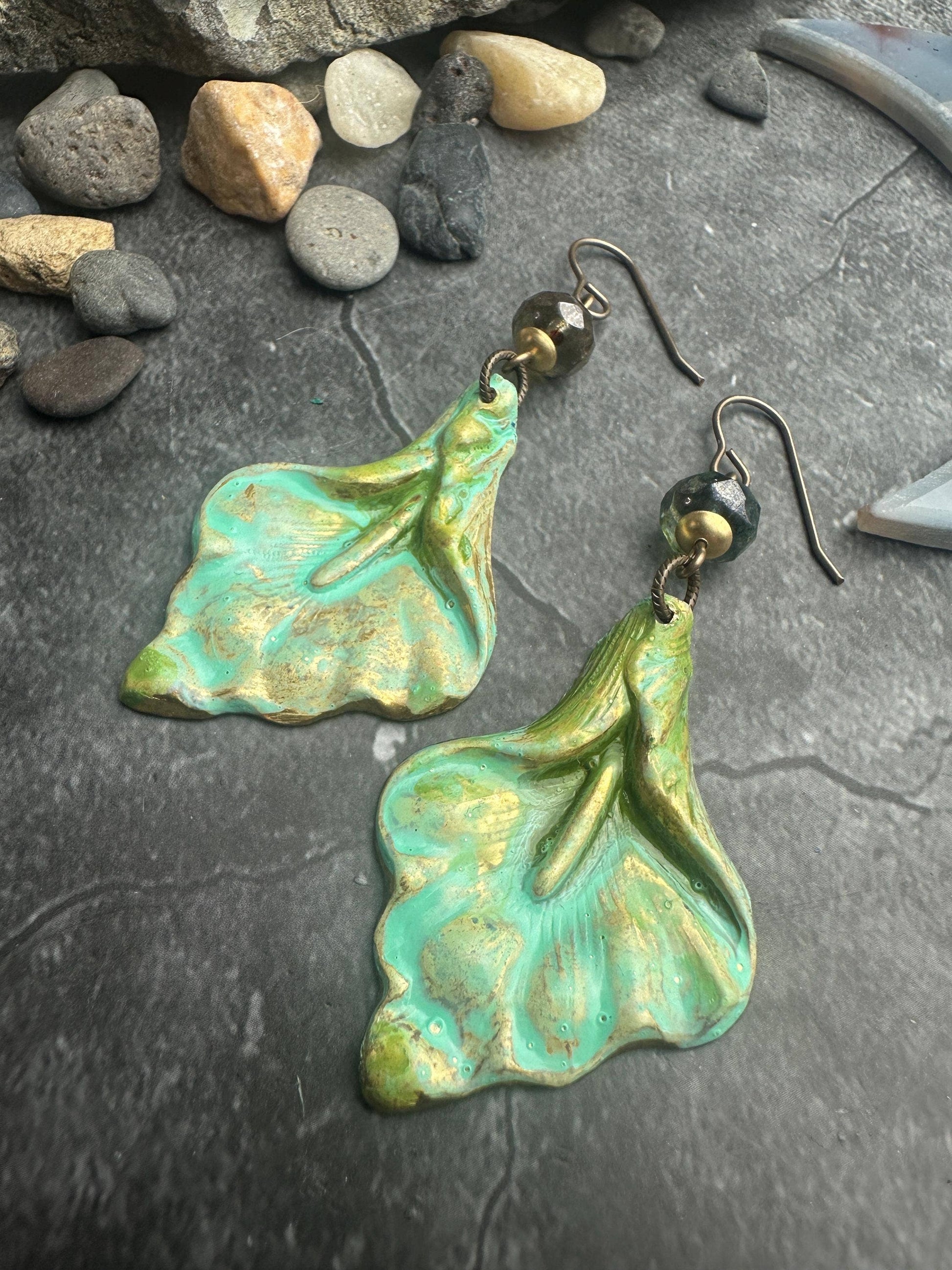 Gilded Lily Earrings- Handmade Solid Brass Green Patina