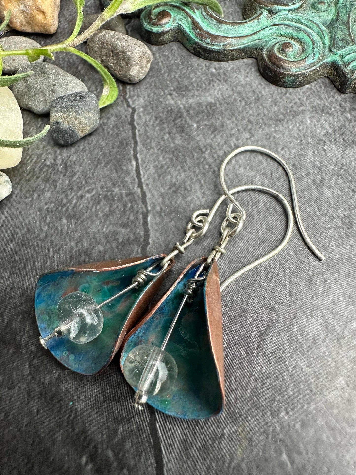 Patina Copper Lily Earrings - Crystal Quartz Bead Dangles