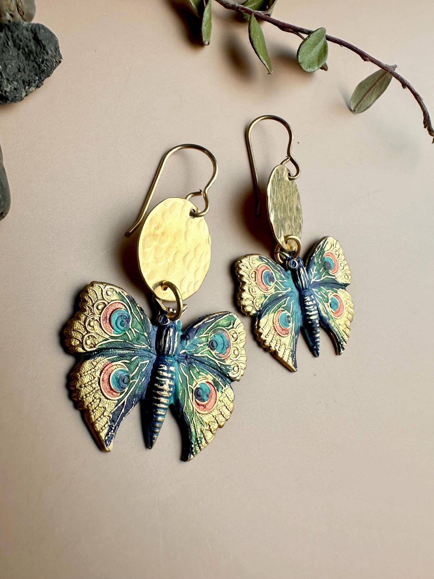 Peacock Butterfly Earrings - Hand Painted Brass Dangles