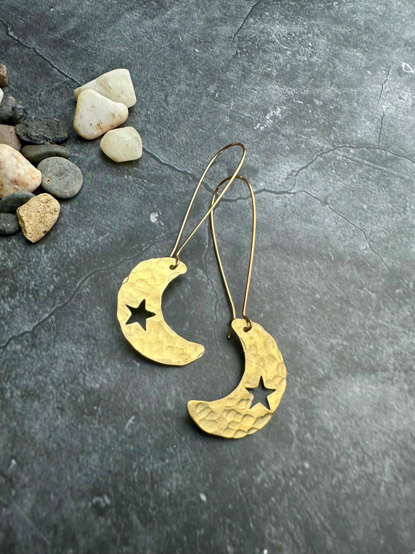 Handcrafted Celestial Crescent Moon Earrings - Beaten Brass