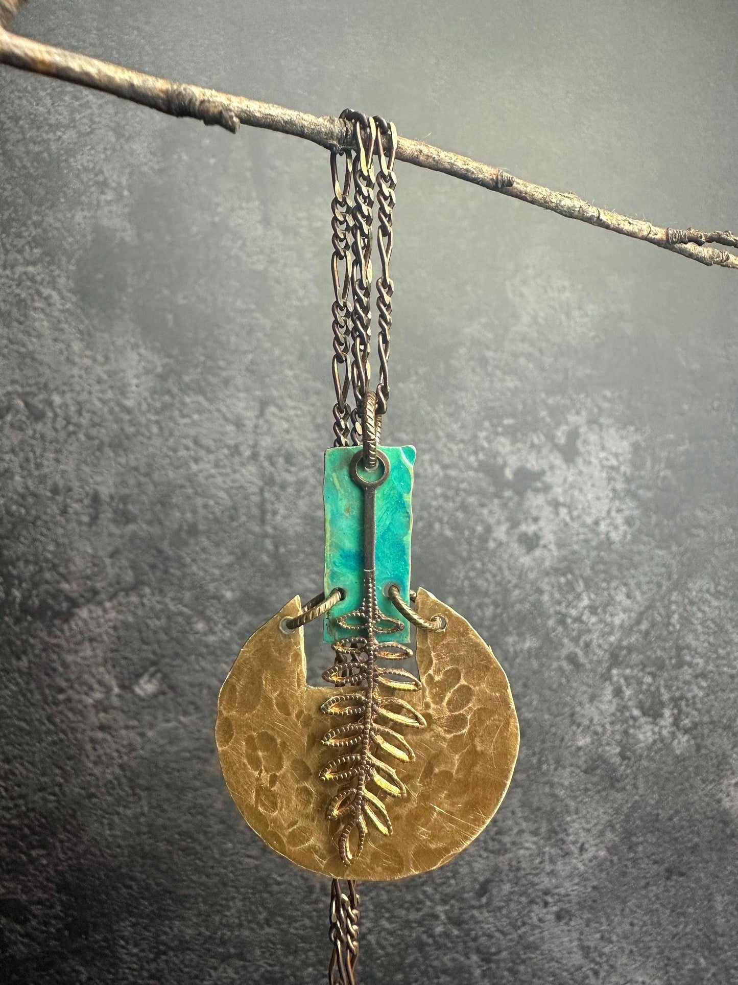 Geometric Fern Necklace - Hand shaped & Hammered Solid Brass