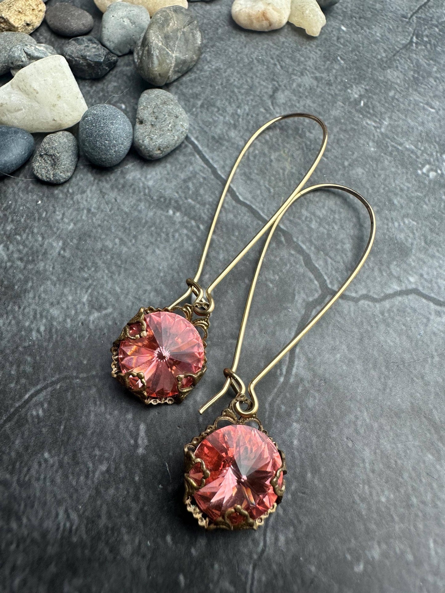Encased Rose Crystal Filigree Earrings- Handmade Brass