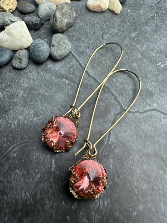 Encased Rose Crystal Filigree Earrings- Handmade Brass