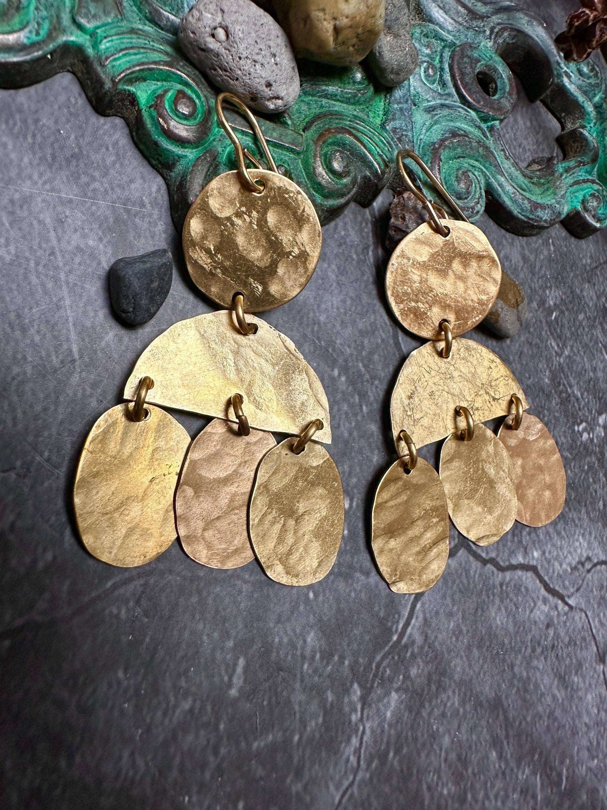 Simple Shapes Geometric Earrings - Beaten Brass