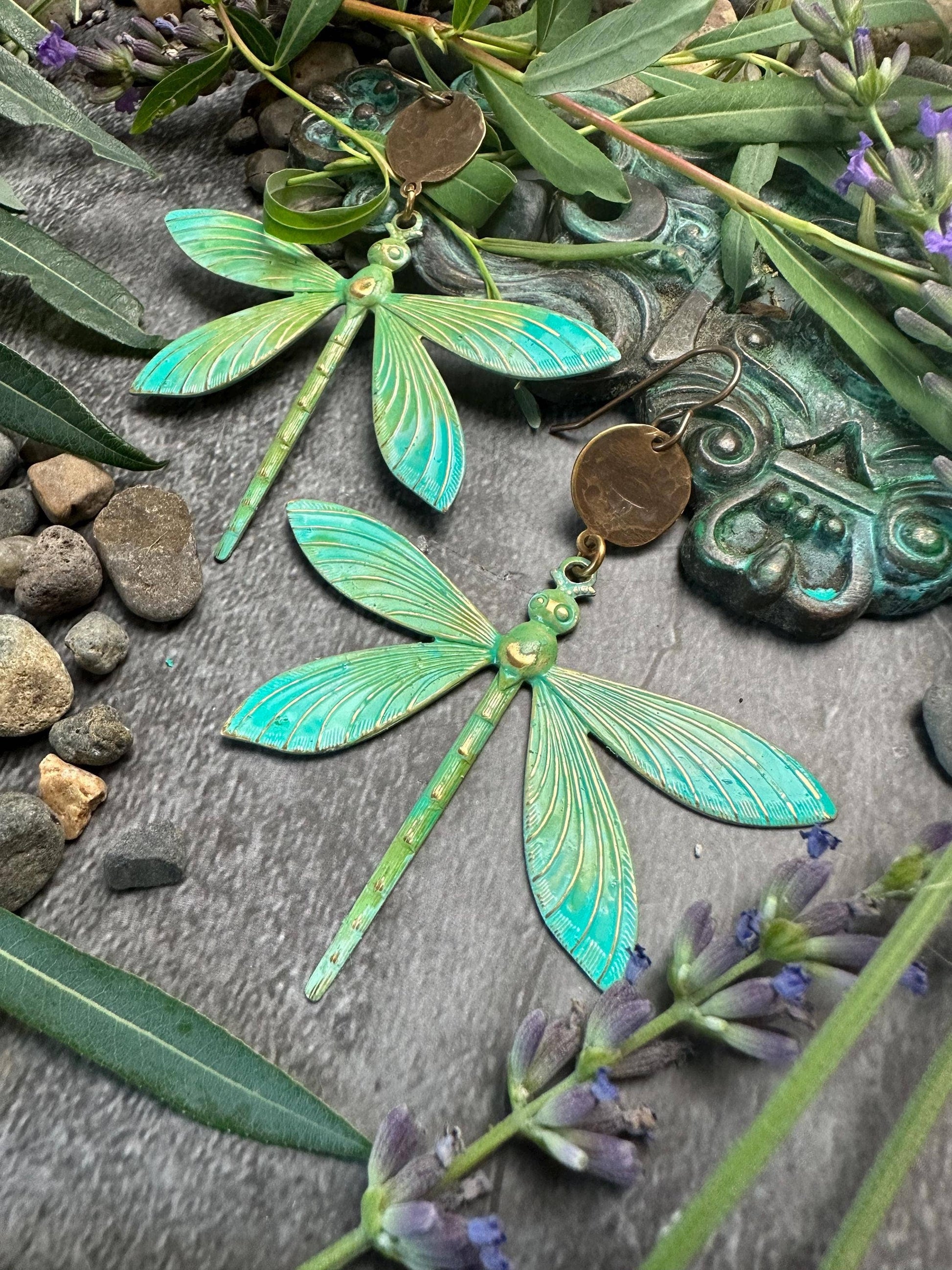 Dragonfly Earrings Brass with Green Patina - Art Nouveau
