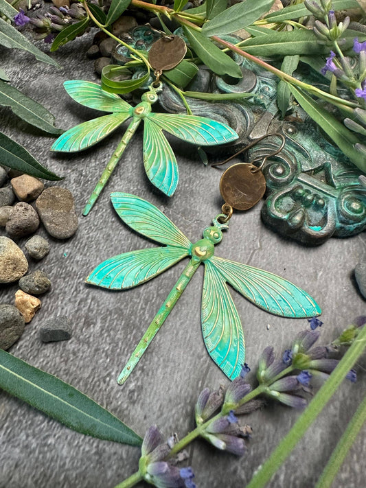 Dragonfly Earrings Brass with Green Patina - Art Nouveau