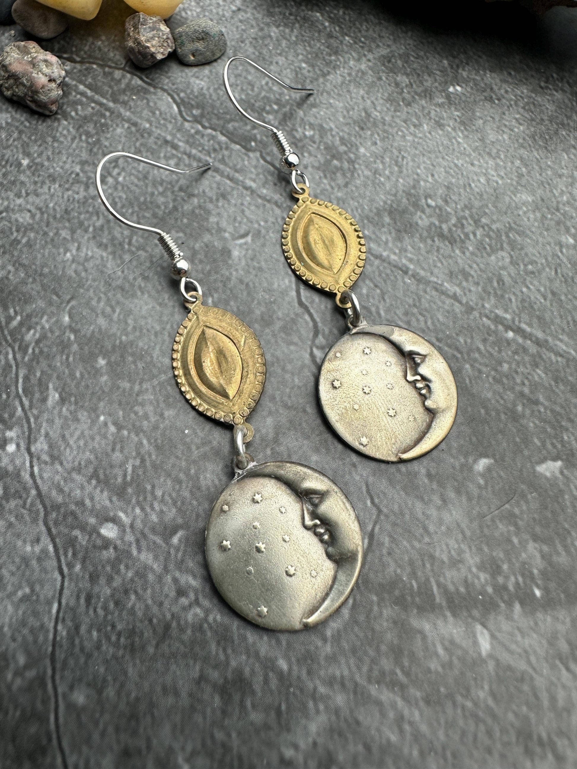 Handcrafted Man in the Moon Burnished Silver Coin Earrings