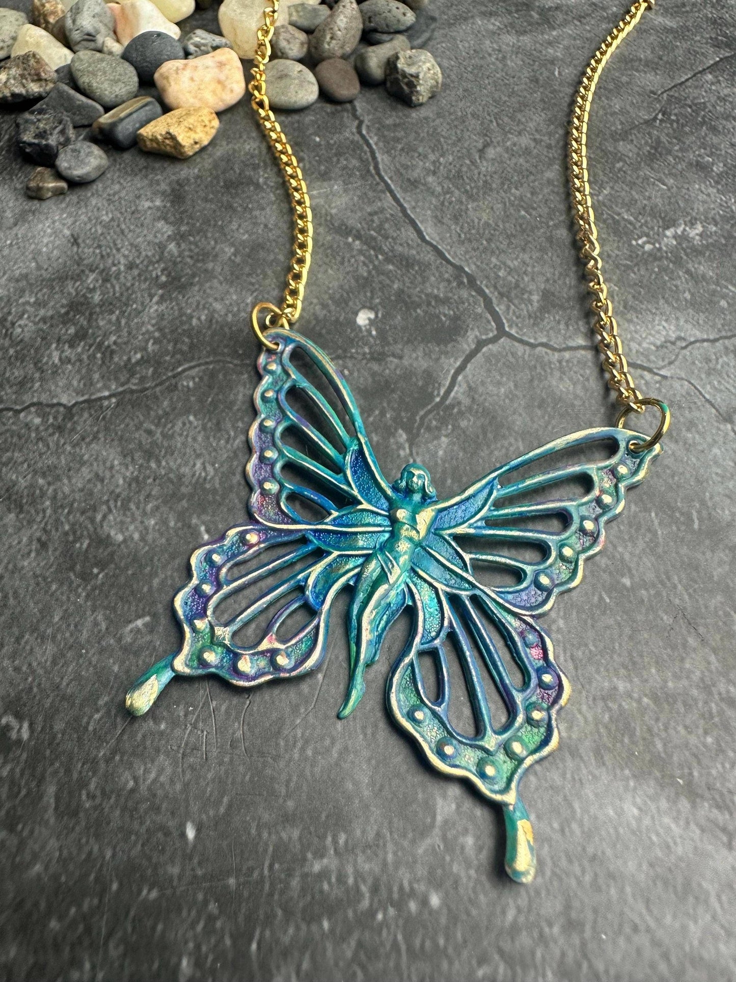Fairy Butterfly Necklace - Solid Brass with Rainbow Patina