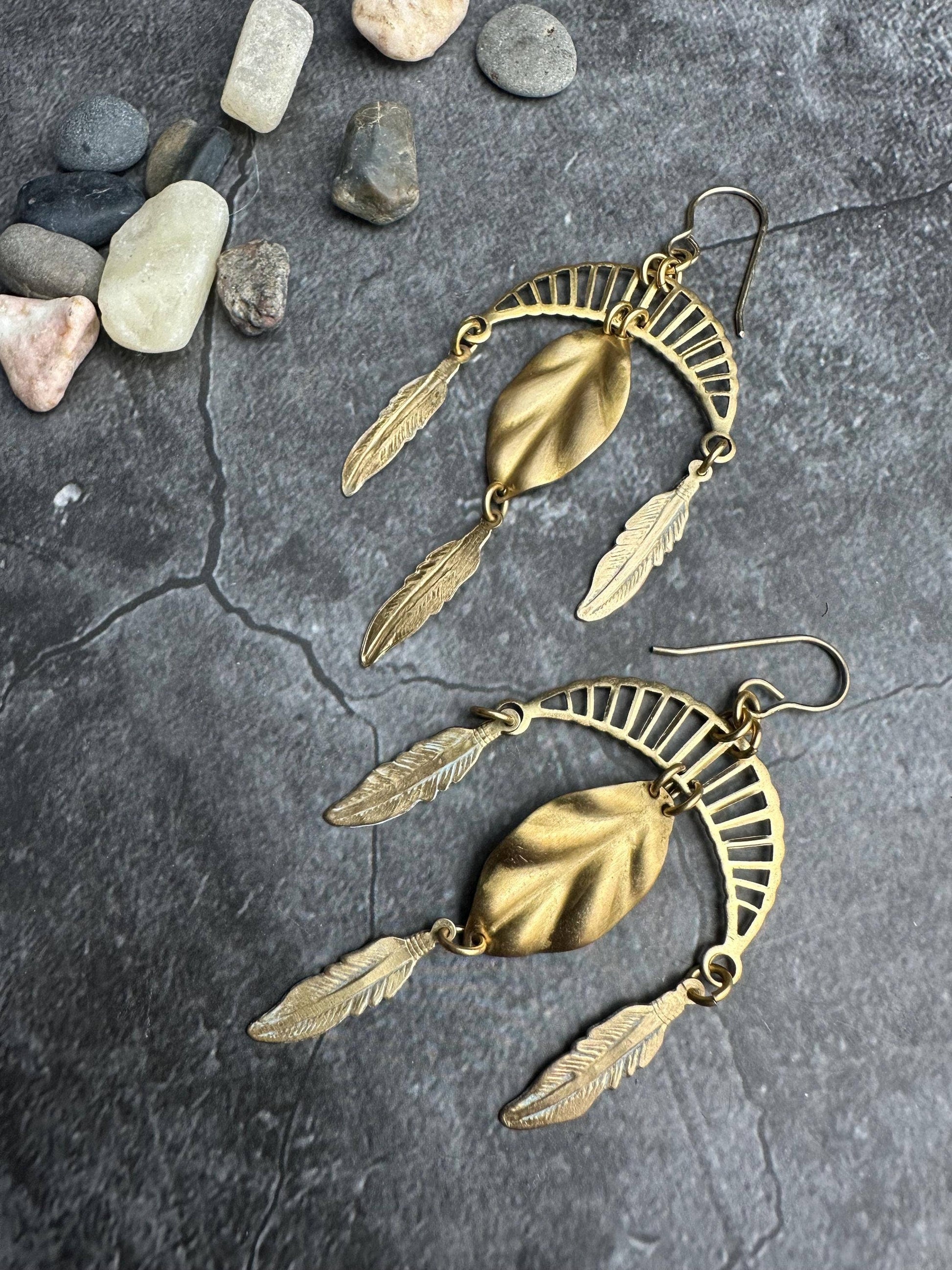 Arching Moon Feather Statement Earrings - Beaten Solid Brass