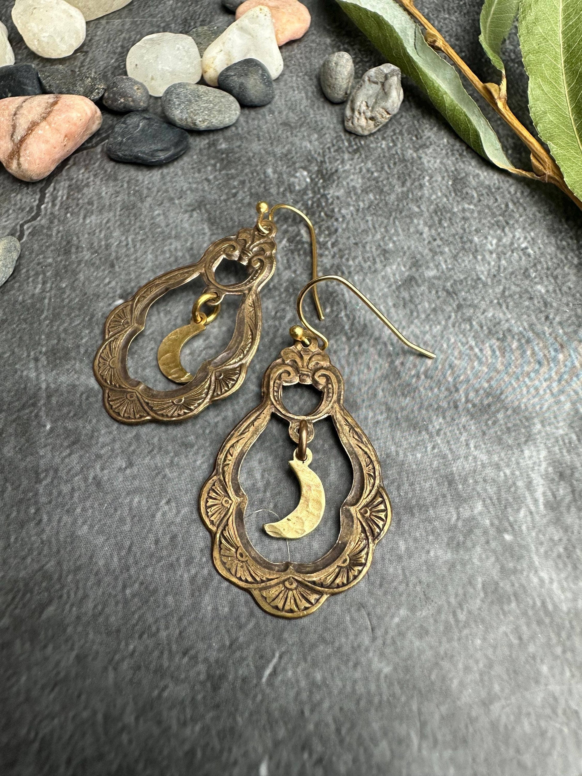 Ornate Brass Crescent Moon Garden Earrings
